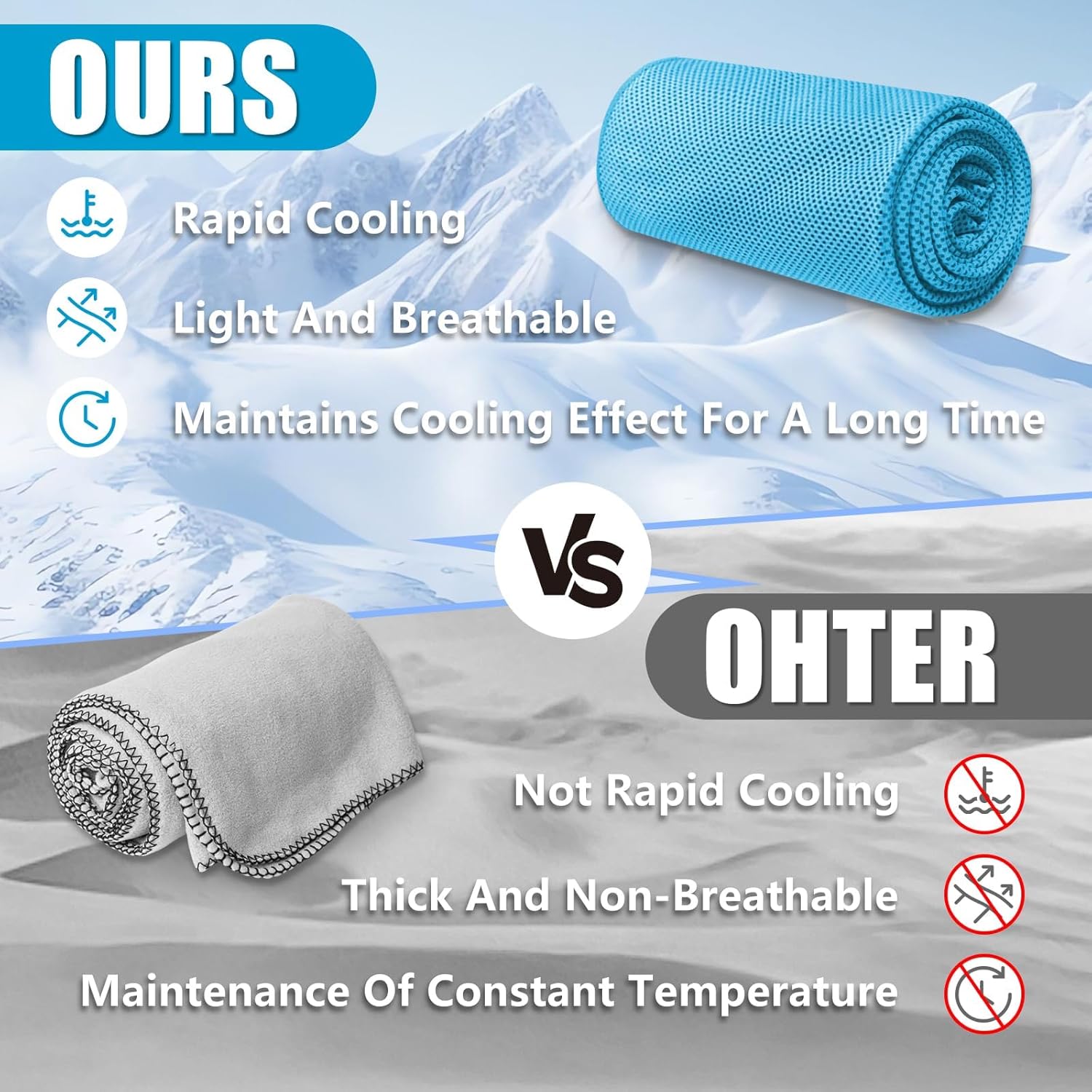 Marketing comparison graphic showing the mesh cooling towel rolled up beside a thicker ordinary towel