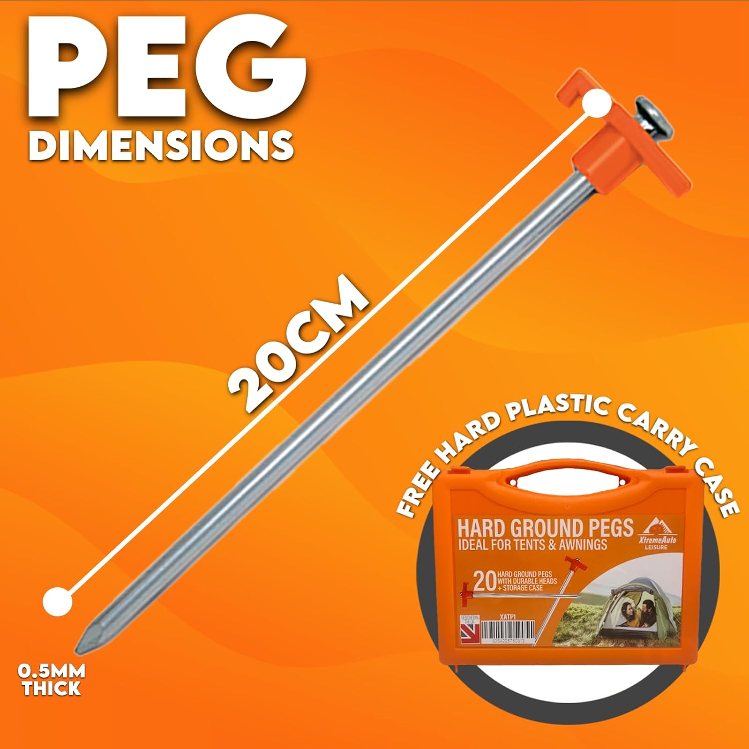 Xtremeauto listing dimensions slide showing a 20cm peg length alongside the orange hard plastic carry case