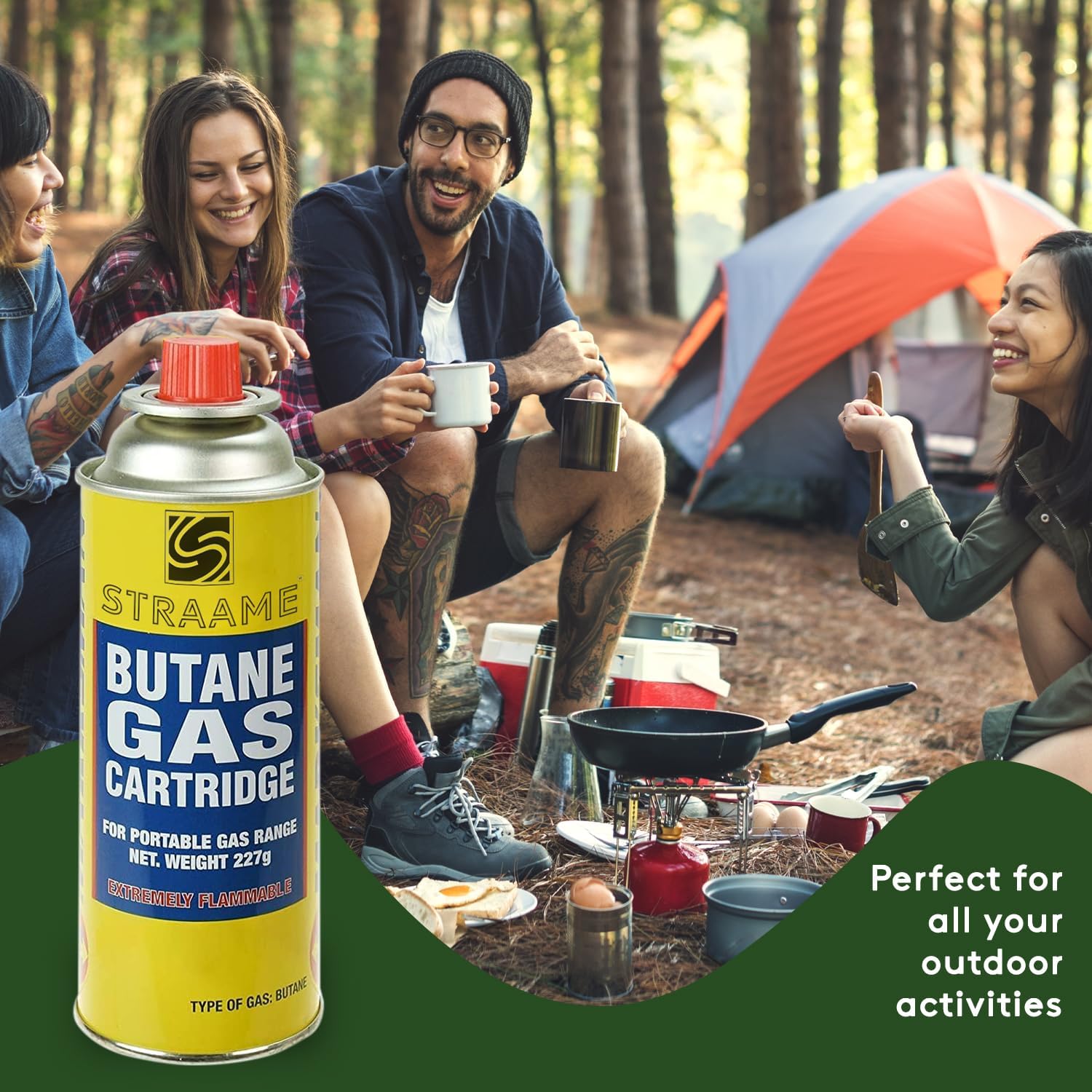Campers sitting around a tent with a butane stove, pan and mugs, with a Straame gas cartridge in the foreground