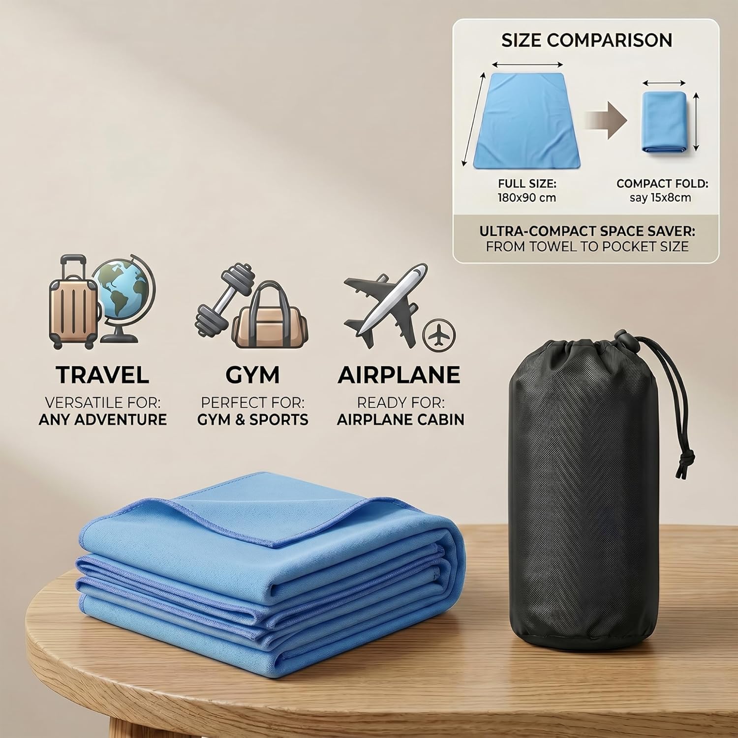 HomlyPro towel folded flat next to its black drawstring carry pouch