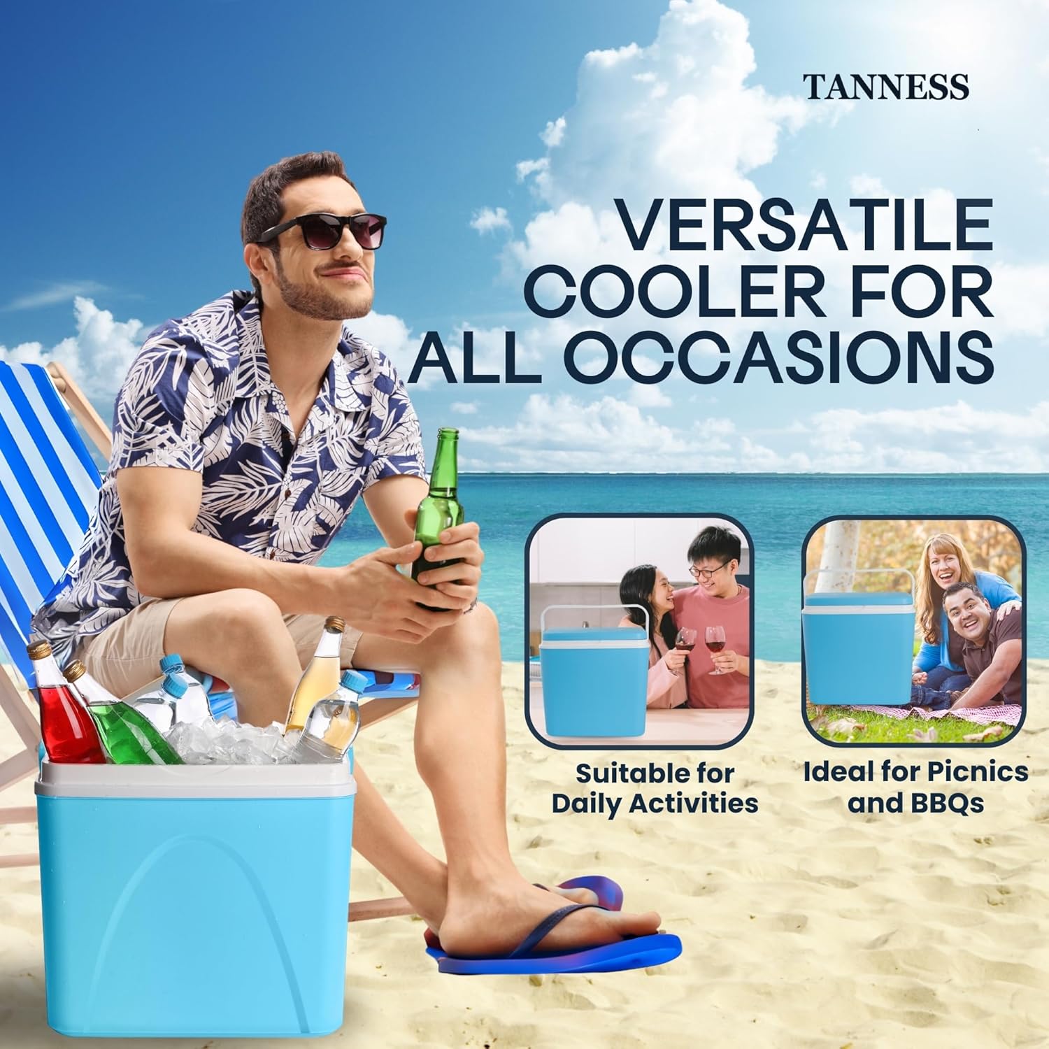 Man relaxing on a beach deckchair next to the Tanness cool box filled with ice and bottled drinks
