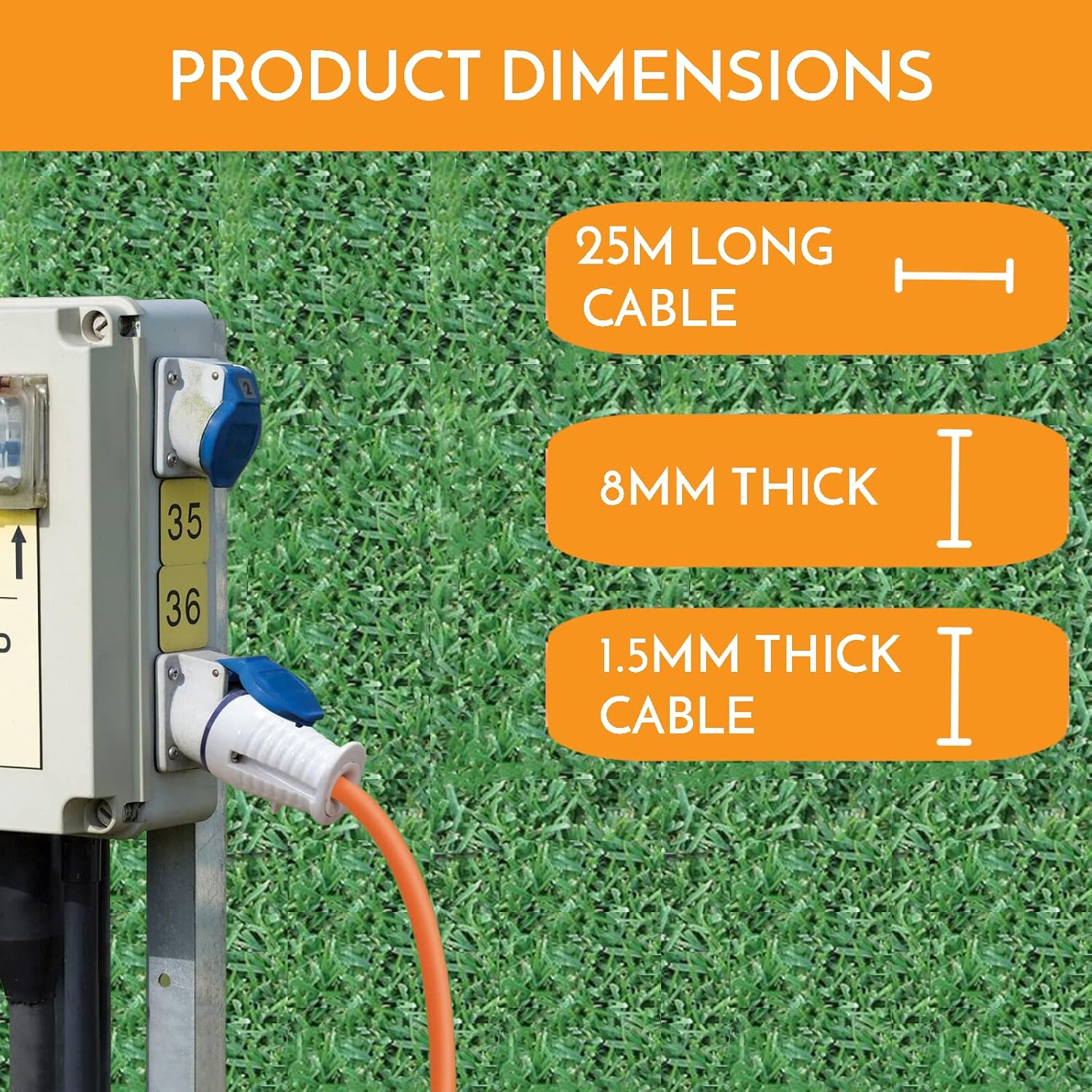 Listing dimensions panel stating 25M long cable, 8MM thick and 1.5MM thick cable