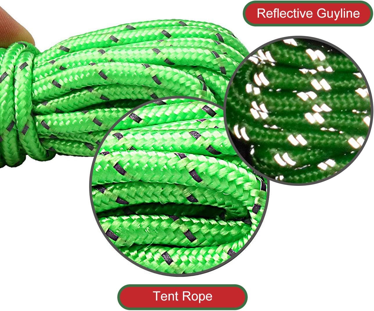 Close-up of the green braided nylon guy rope showing grey reflective tracers in daylight and the same tracers lit bright white in a night inset