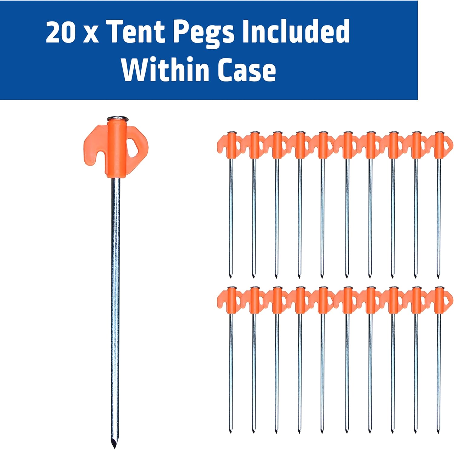 Single Blue Diamond hard ground tent peg shown large next to the full set of 20 orange-headed steel pegs