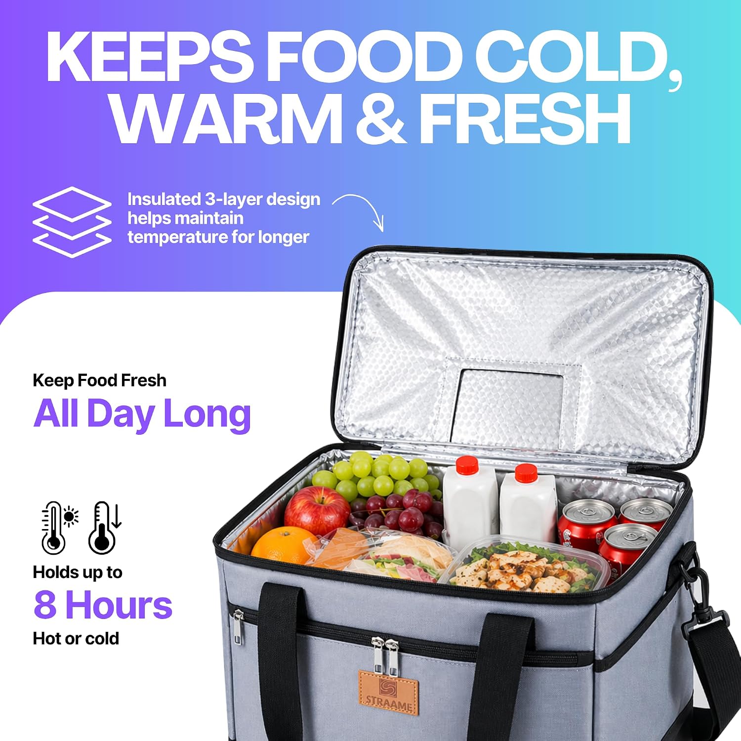 Straame 30L cooler bag open showing the insulated three-layer design that holds food hot or cold for up to 8 hours