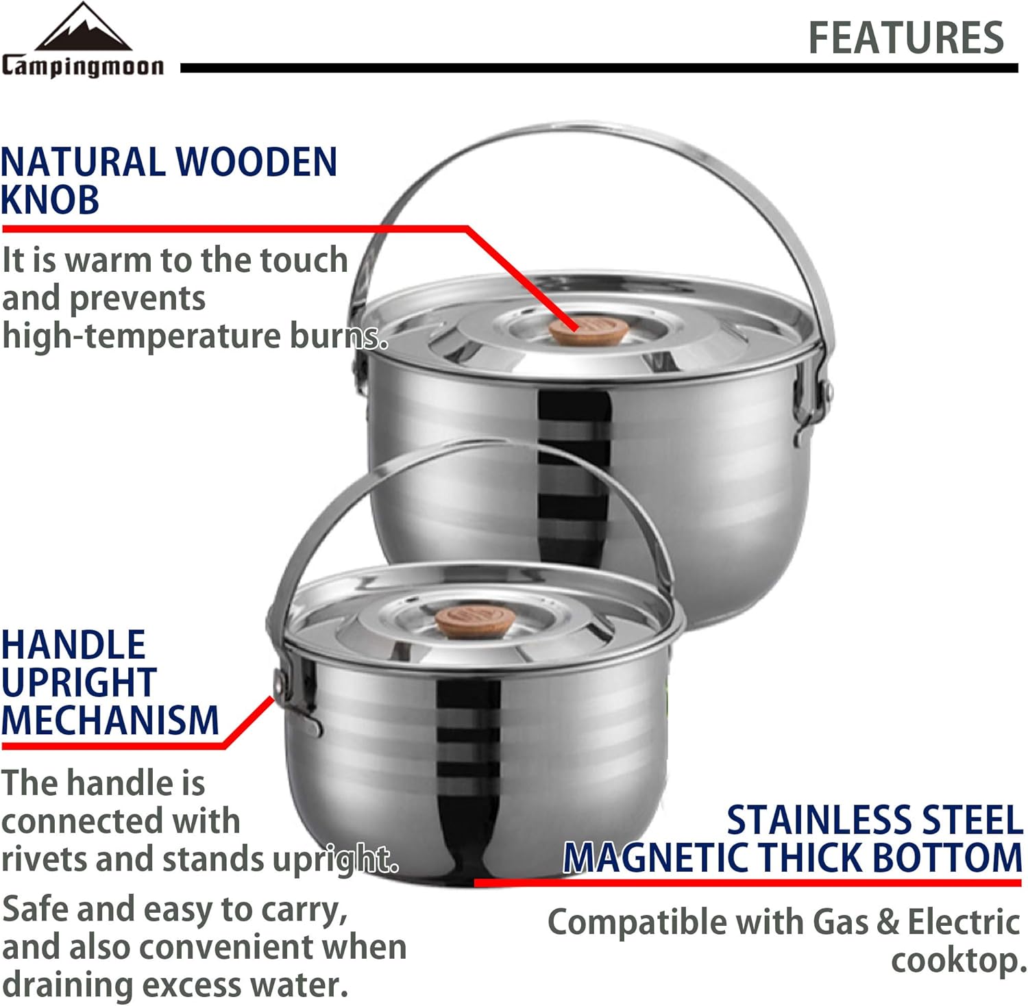 Two stainless steel CAMPINGMOON camping pots with wooden lid knobs and folding bail handles