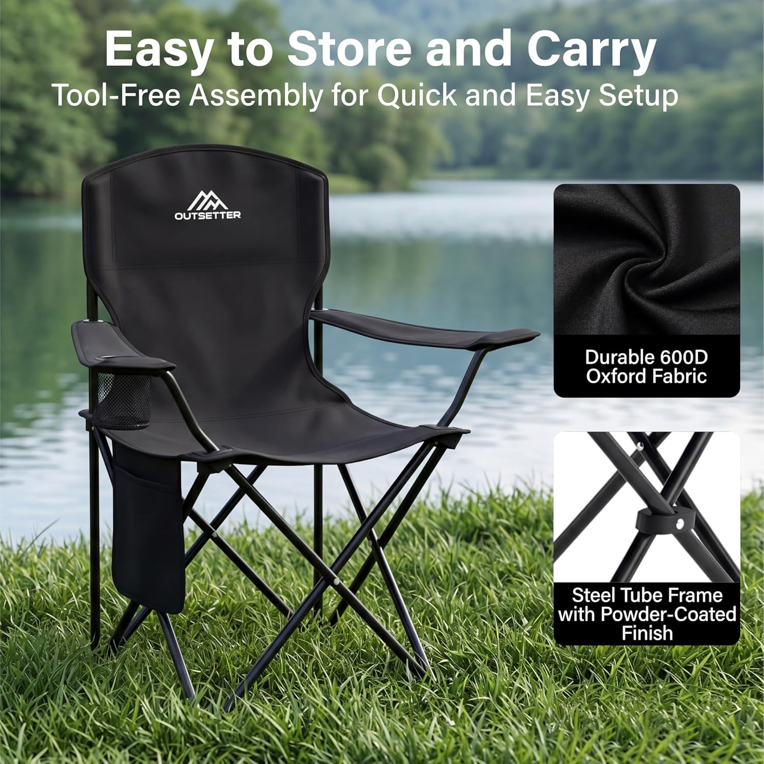 Close-ups of the 600D oxford fabric weave and the powder-coated steel tube frame joint on the black camping chair