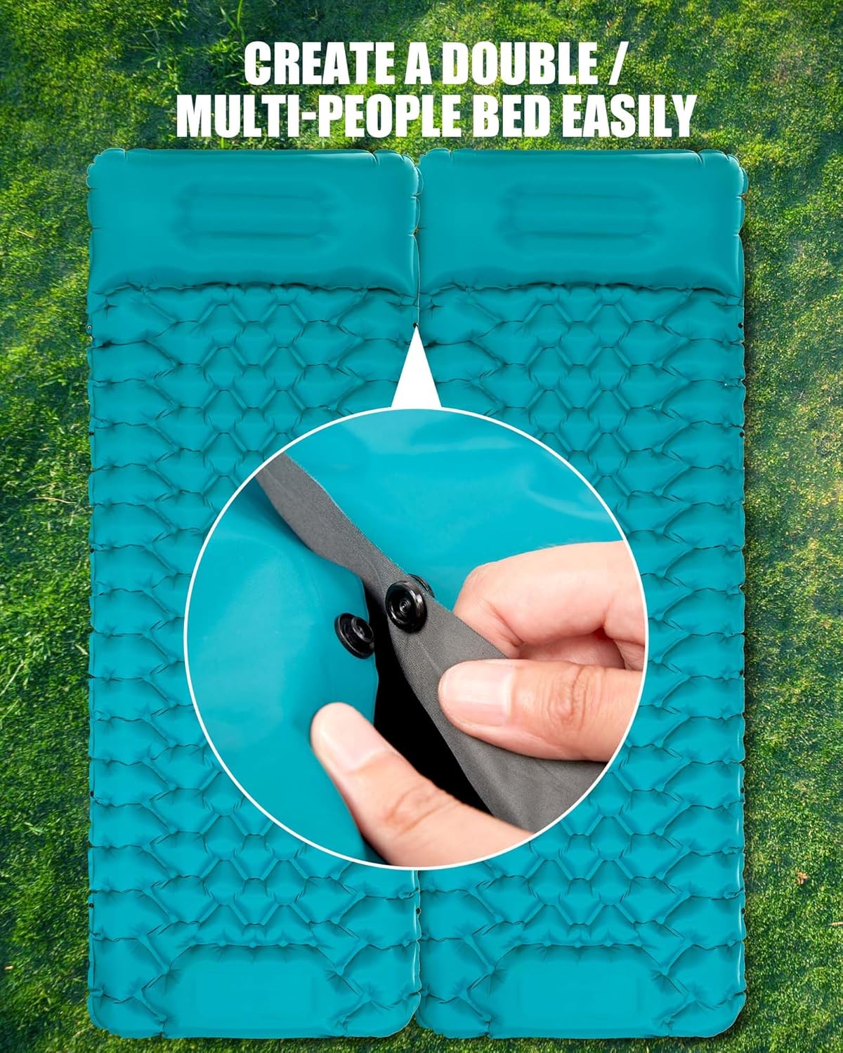 Close-up of the press studs that join two AKSOUL mats together into a double bed