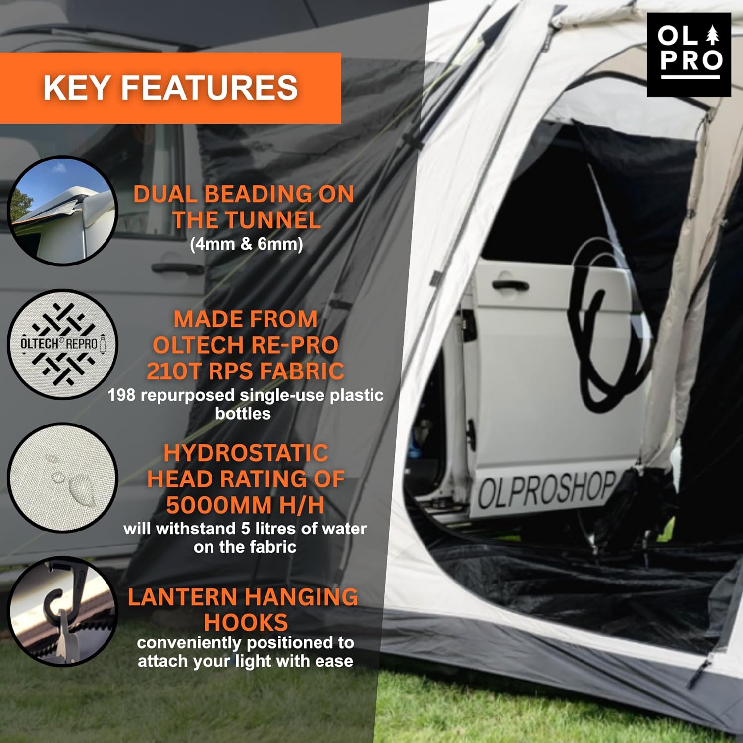 OLPRO key features panel showing 4mm and 6mm dual tunnel beading, Re-Pro fabric and a 5000mm hydrostatic head rating