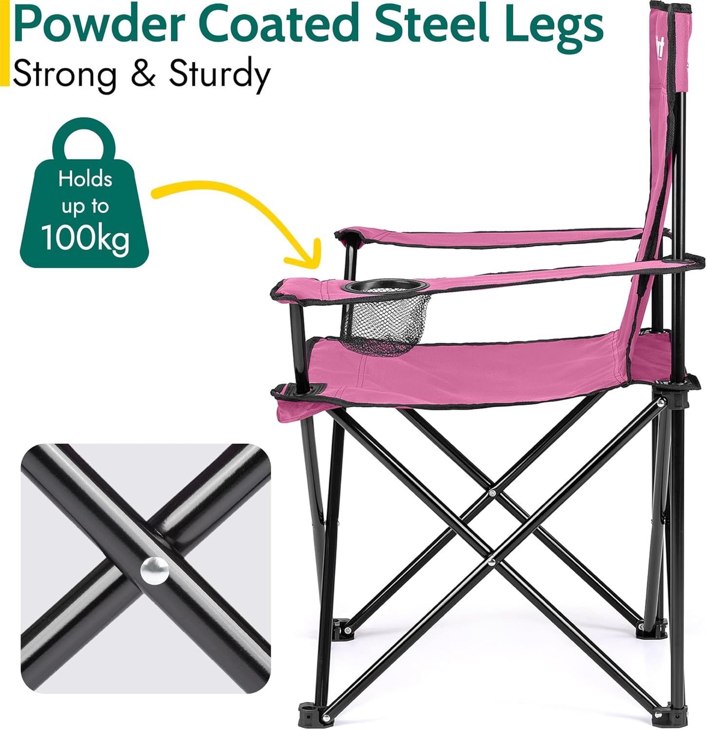 Side view of the pink Trail chair highlighting the powder-coated steel legs, riveted cross joint and 100kg rating