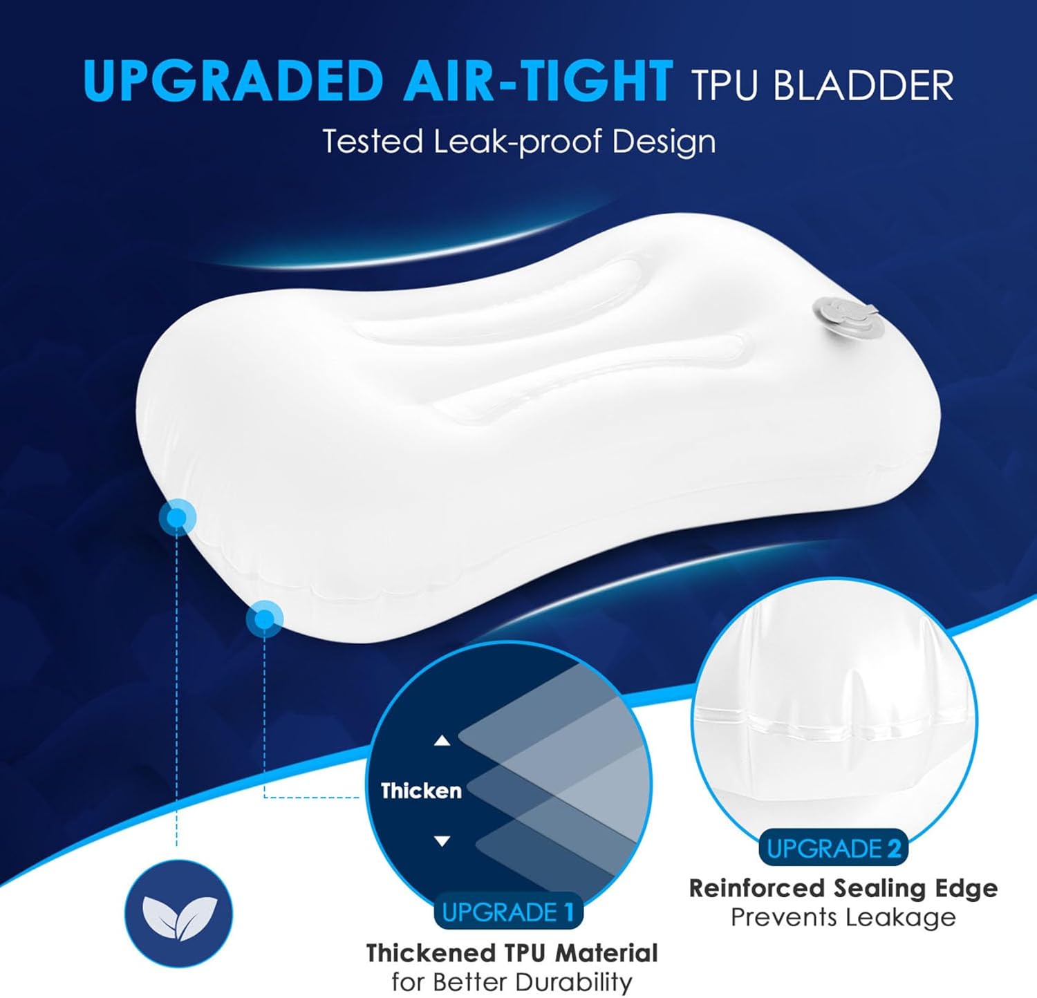 Diagram of the white thickened TPU air bladder with reinforced sealing edge on a blue background