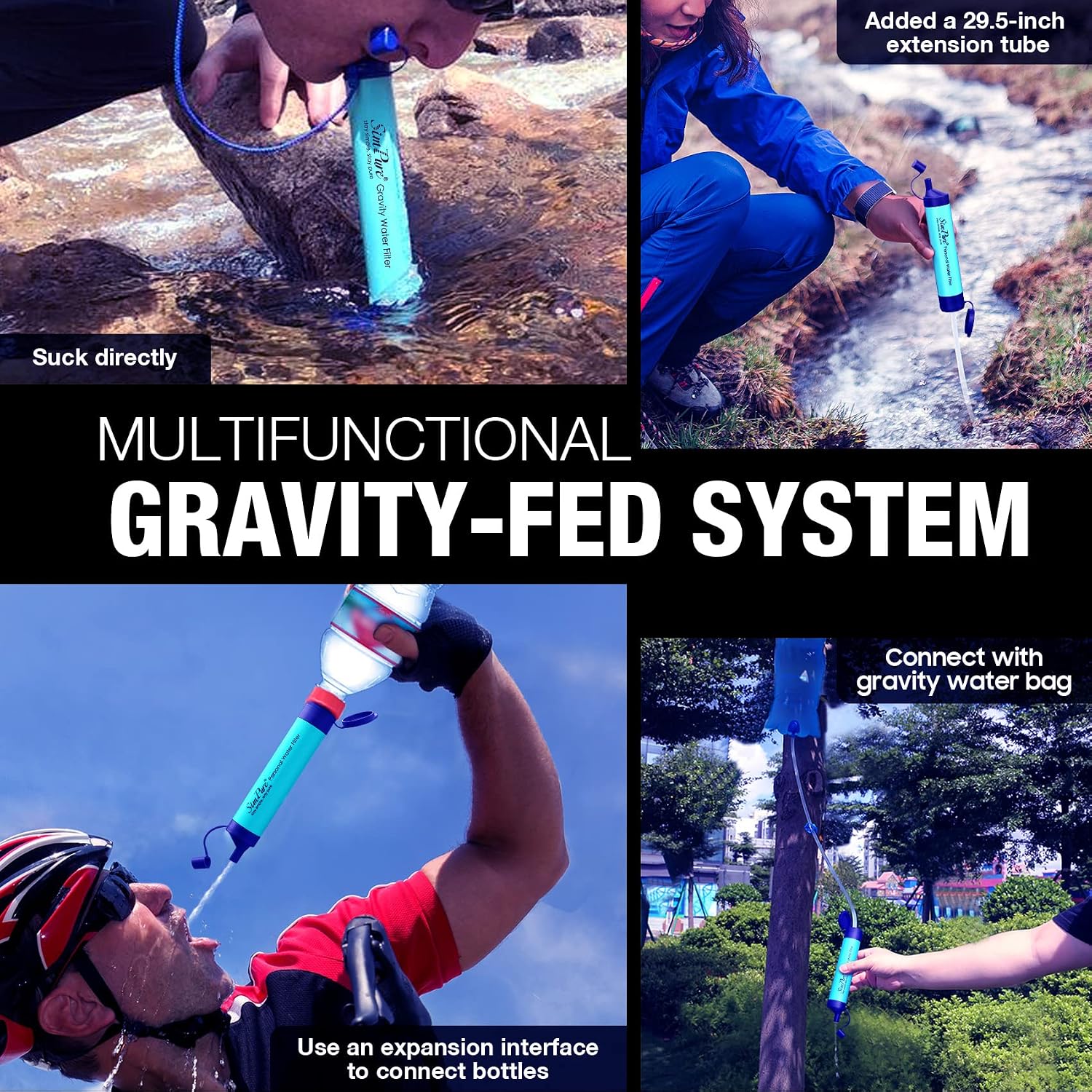 Four ways to use the SimPure filter: drinking direct from a stream, with the extension tube, screwed onto a bottle, and connected to the gravity bag