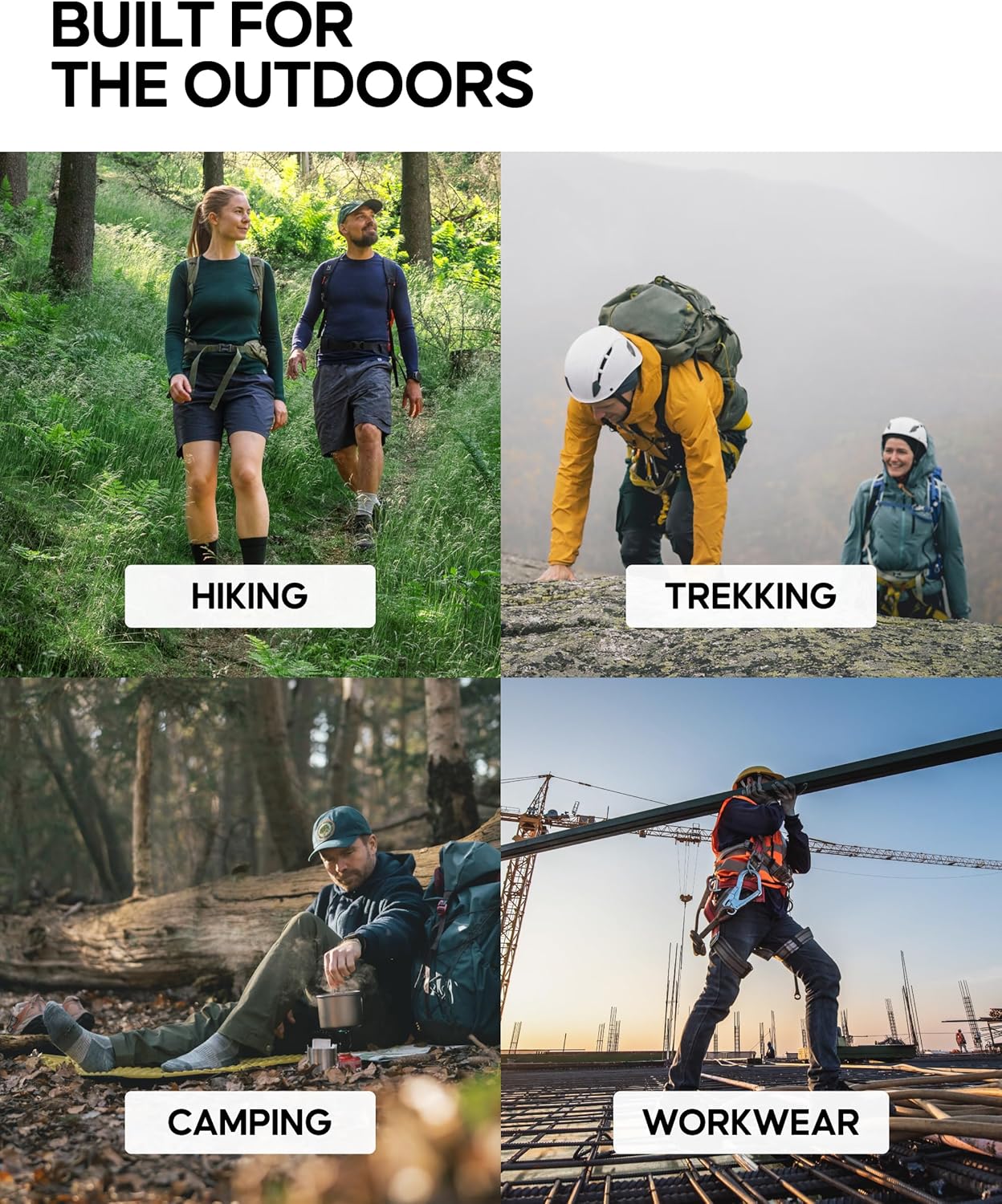 Listing collage showing the socks worn for hiking, trekking, camping and outdoor work