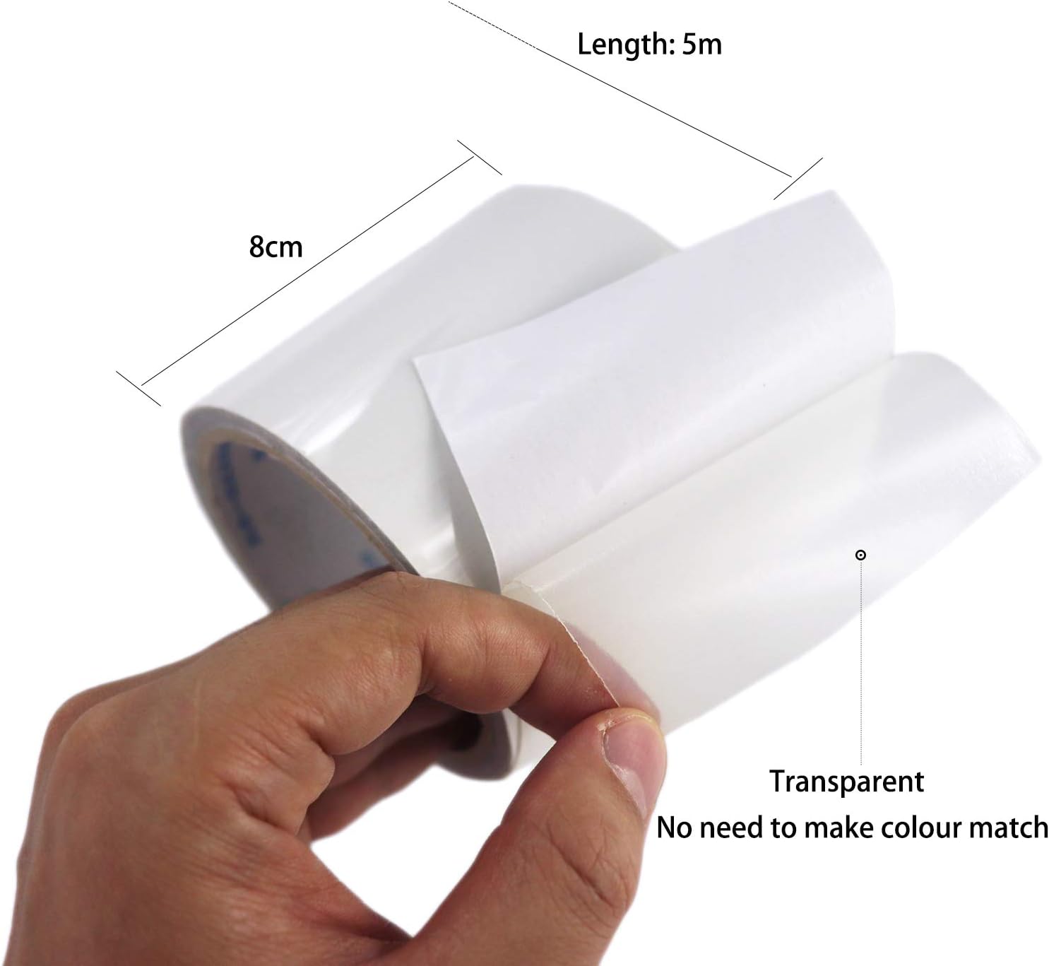 Listing diagram stating the roll's 8cm width and 5m length with the transparent no-colour-match callout