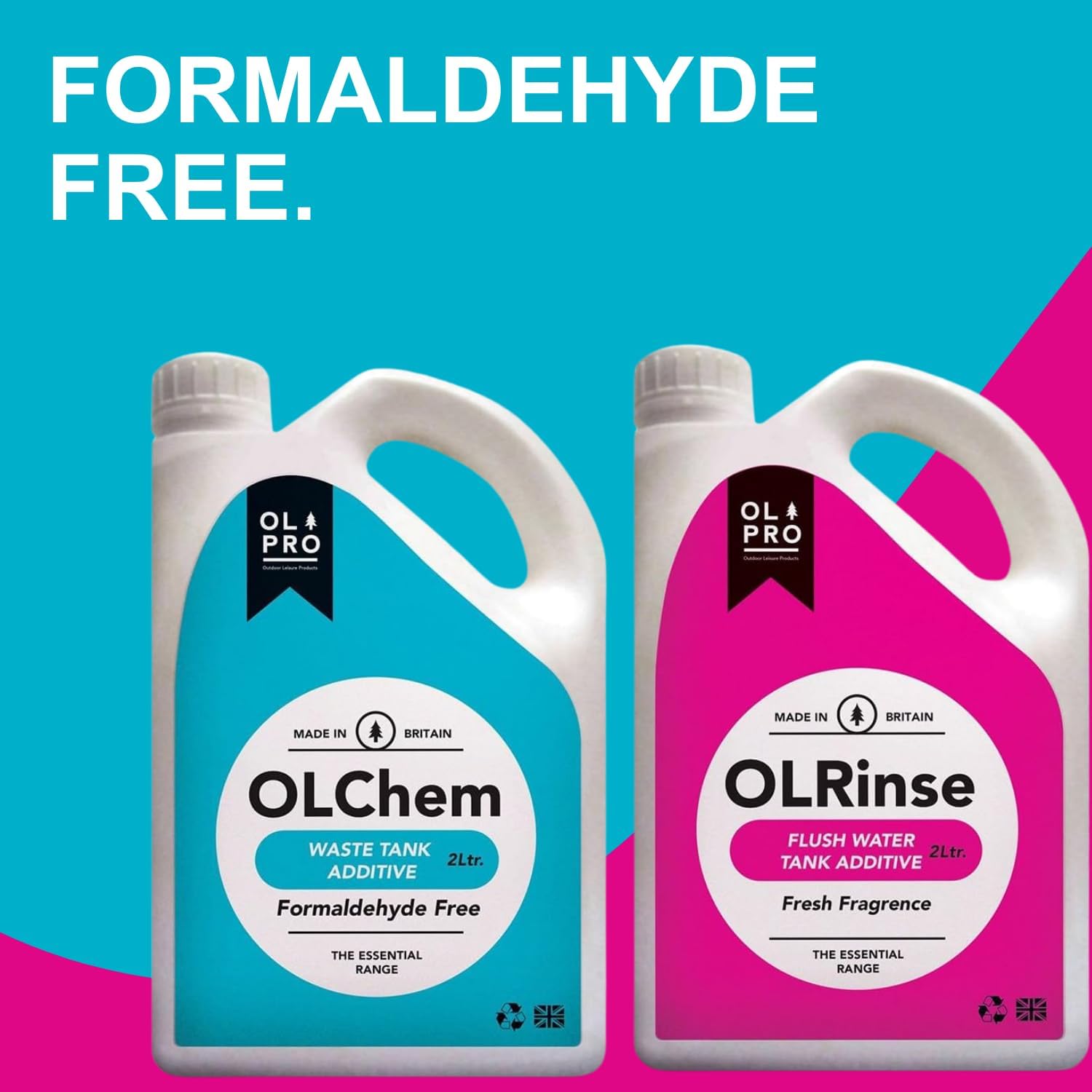 Teal OLChem and pink OLRinse bottles side by side under the listing heading FORMALDEHYDE FREE