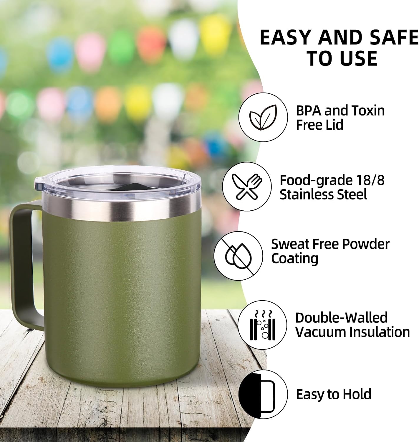 Volhoply mug on a wooden table at a garden party with bunting, beside listing icons for BPA-free lid, 18/8 stainless steel, sweat-free powder coating, vacuum insulation and easy to hold