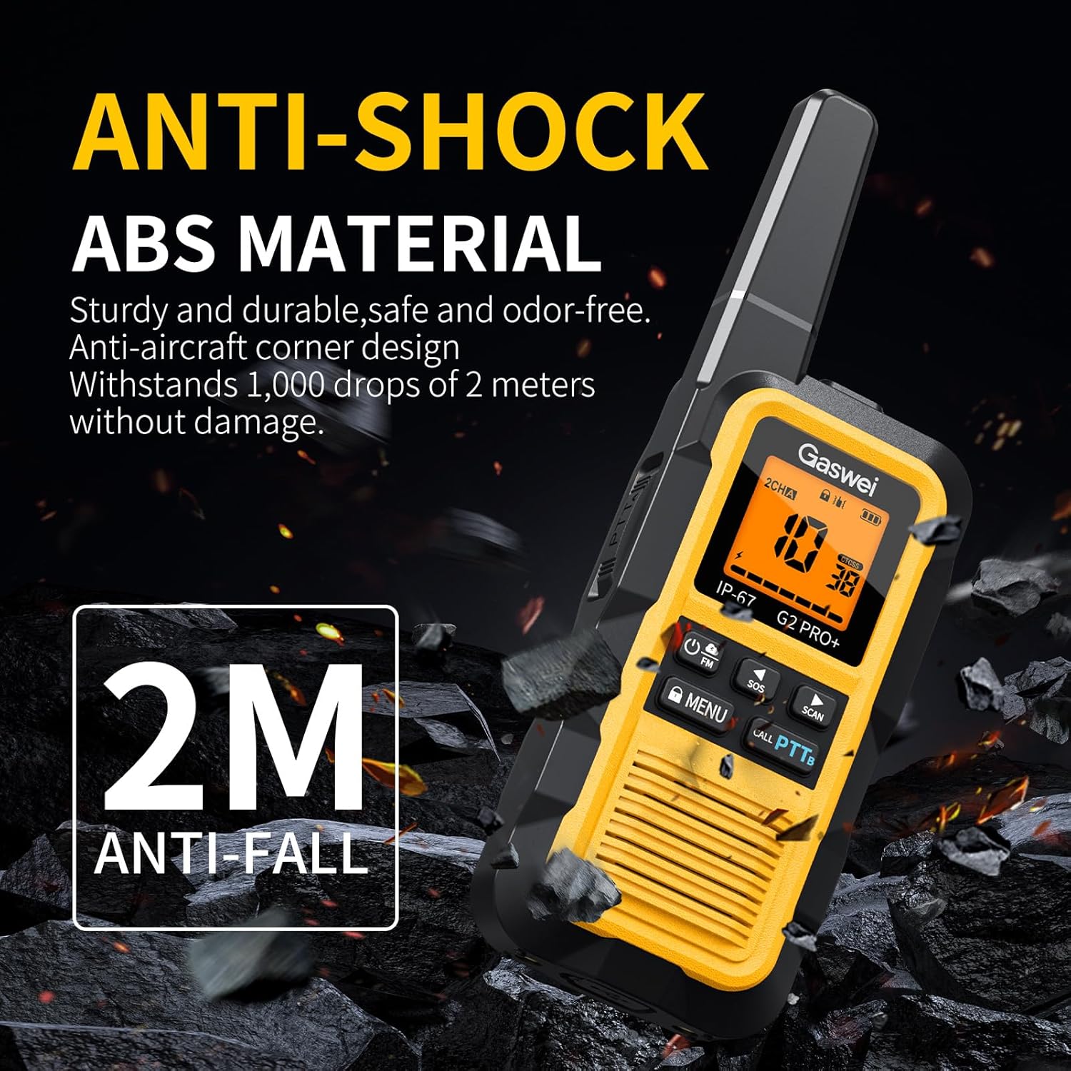 Gaswei G2Pro+ anti-shock listing image claiming the ABS body withstands 1,000 drops of 2 metres, with a 2M anti-fall badge