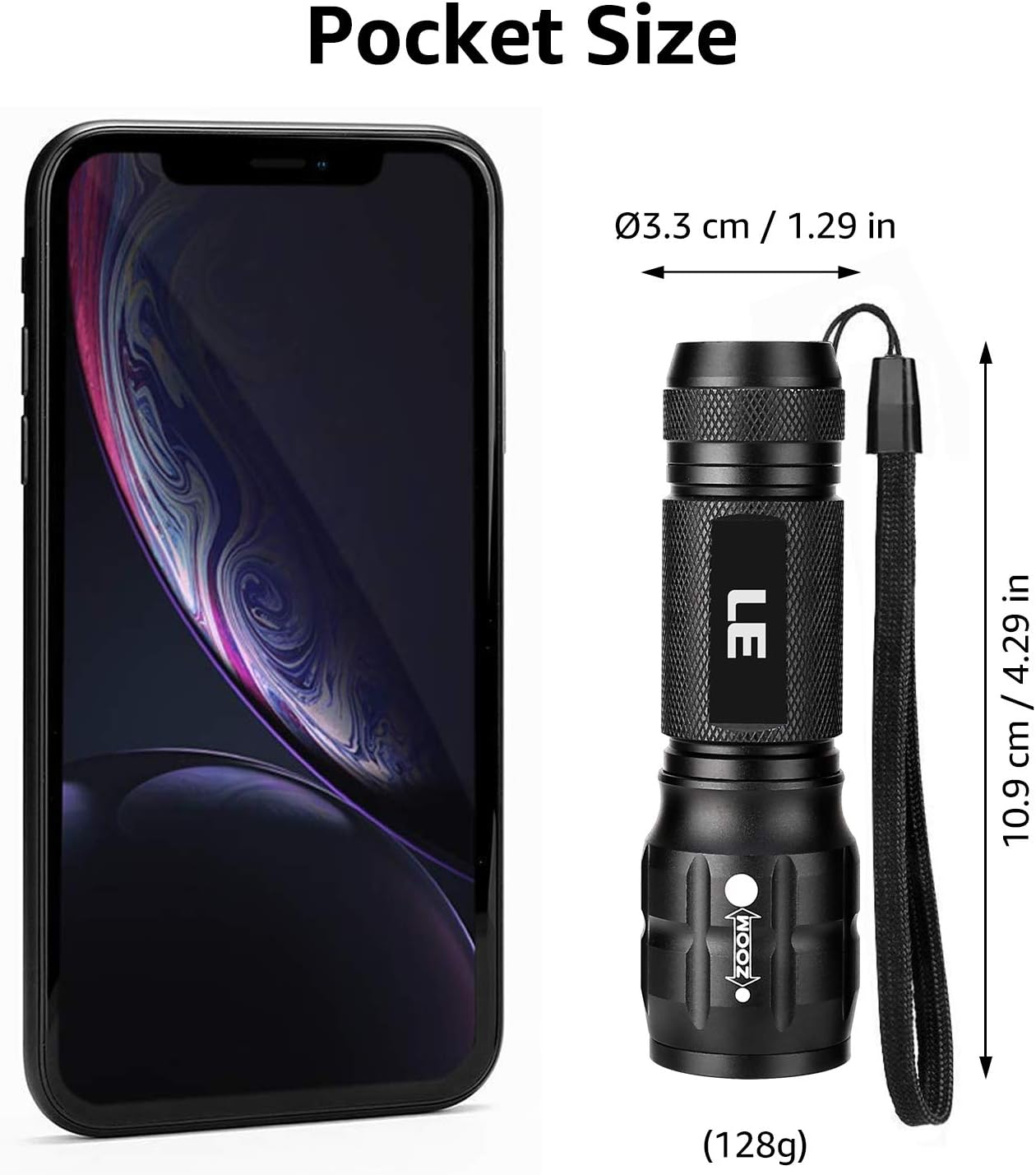 Size comparison graphic showing the LE torch next to a smartphone with dimensions of 3.3cm by 10.9cm and 128g