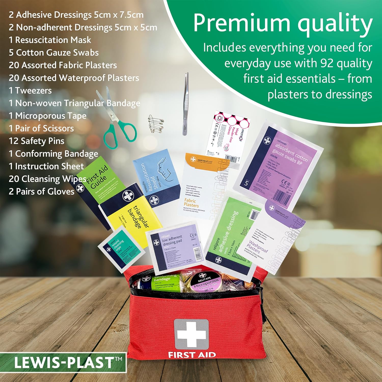 Full labelled contents layout of the Lewis-Plast Premium 92 Piece First Aid Kit showing all dressings, plasters, wipes, gloves, scissors, tweezers, bandages and safety pins arranged on a white background with item labels