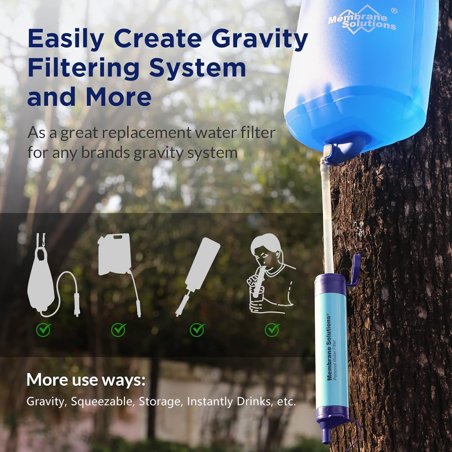 Filter straw hanging from a water pouch on a tree to create a gravity filtering setup