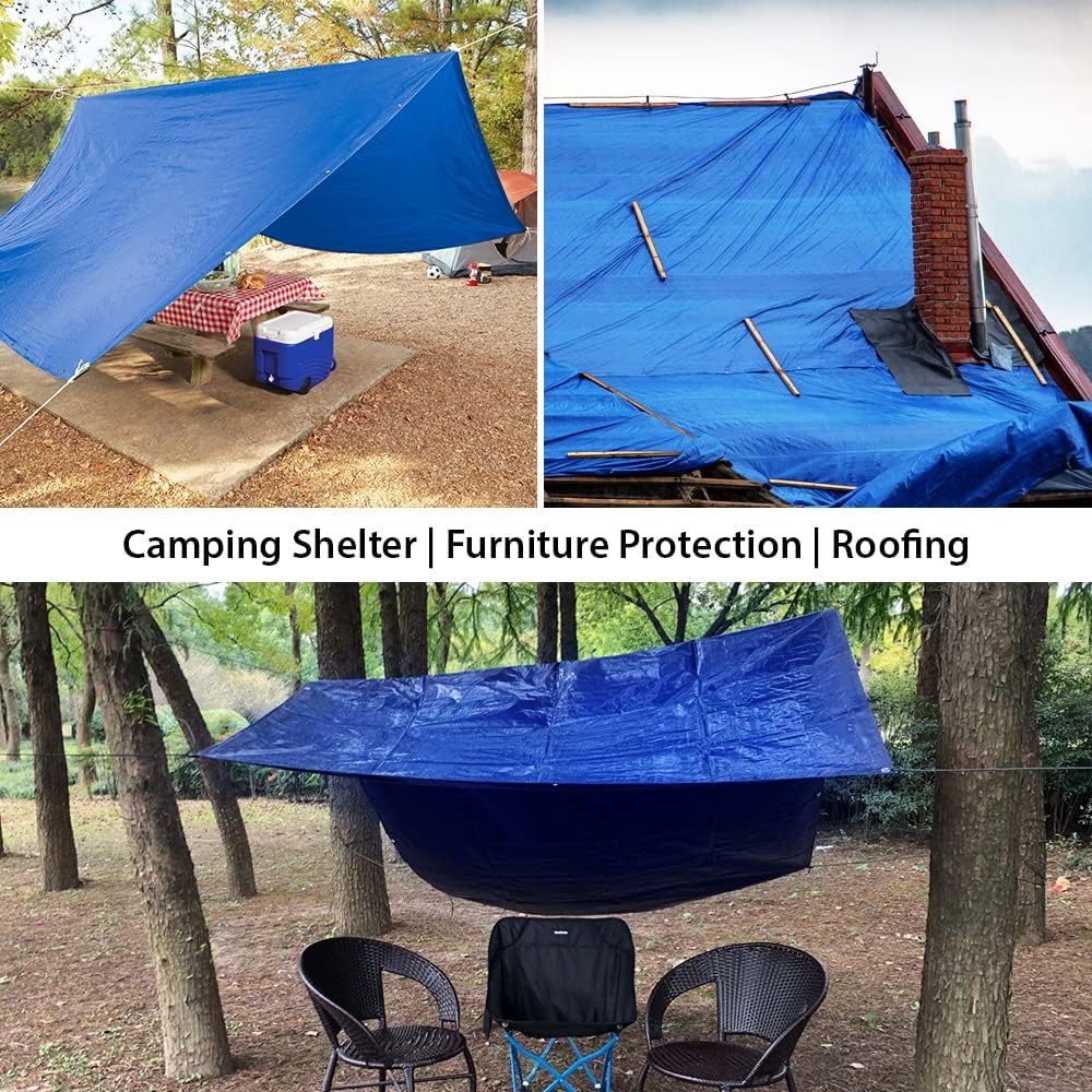 ANSIO tarpaulin used as camping shelter, roofing, and hammock rain cover