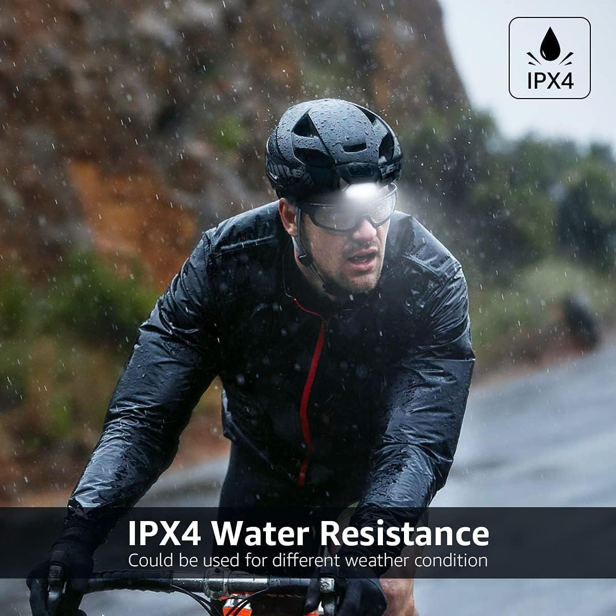 Lepro head torch illuminated on high beam showing the spotlight mode and the adjustable tilt bracket