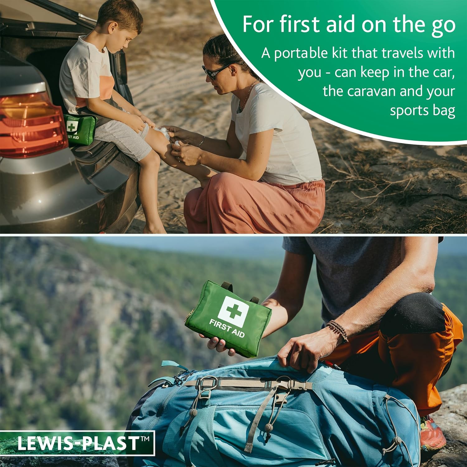 The Lewis-Plast first aid kit sitting in a car glovebox compartment next to other travel essentials