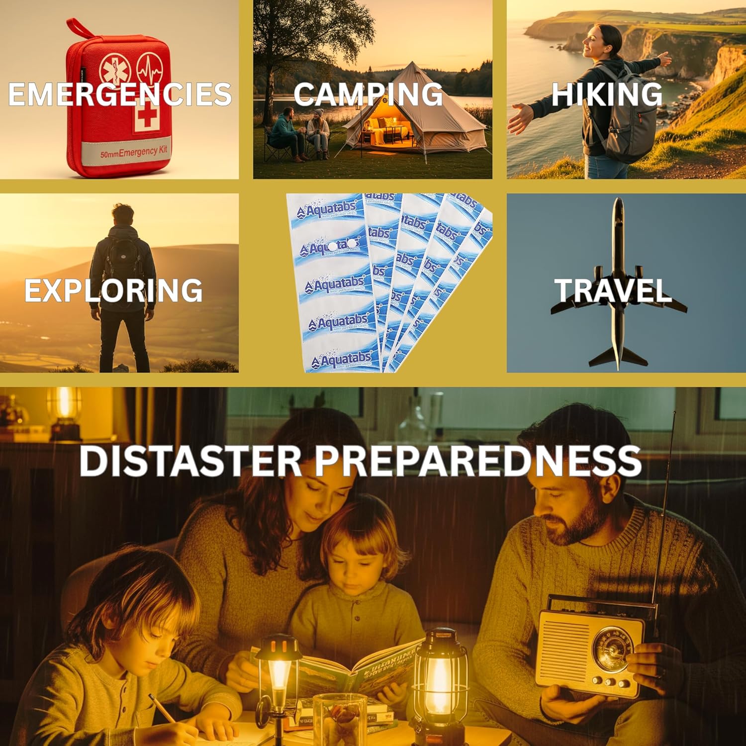 Aquatabs use cases for camping, hiking, international travel, emergencies and disaster preparedness