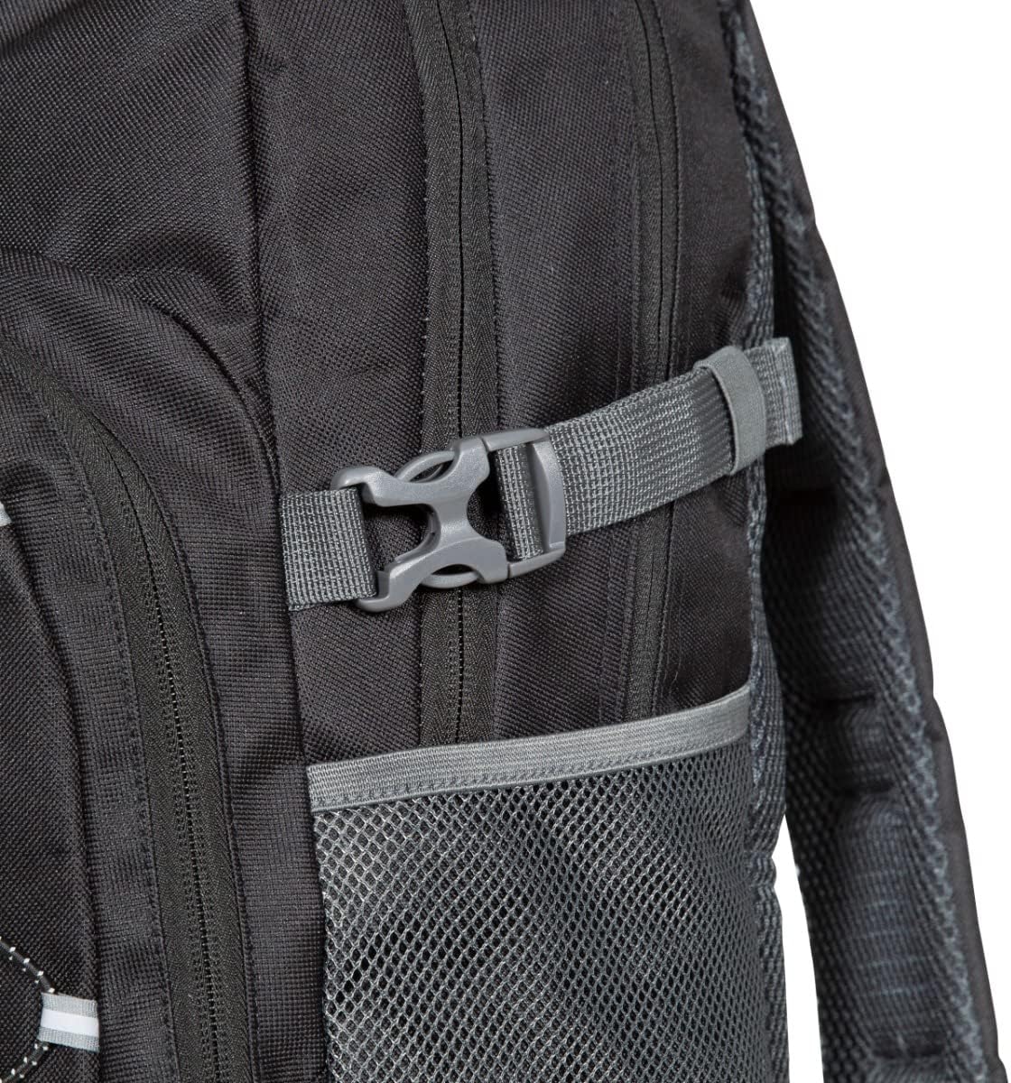 Close-up of compression strap buckle and mesh side pocket on Trespass Albus backpack