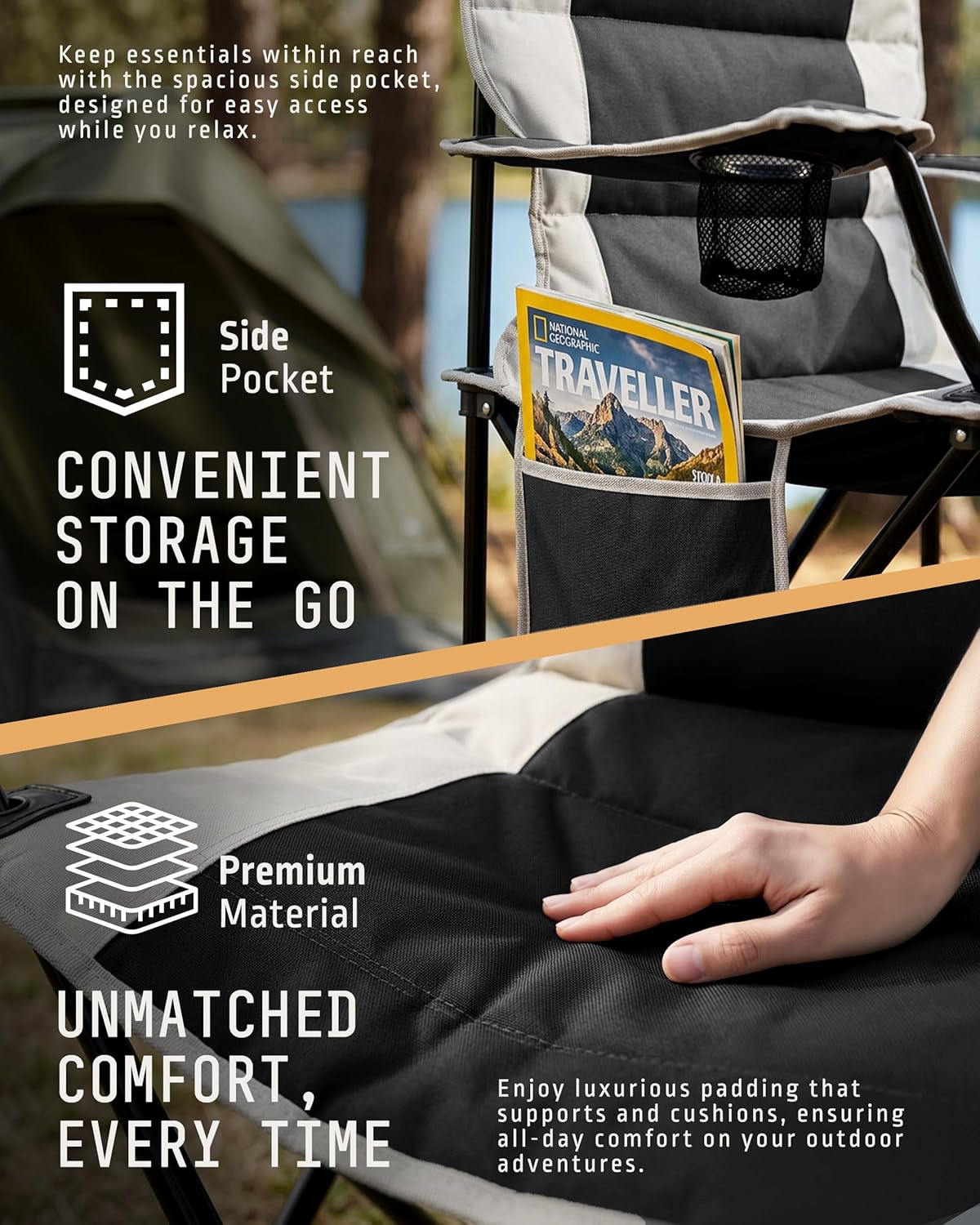 Close-up of padded seat and side pocket on Voyager camping chair