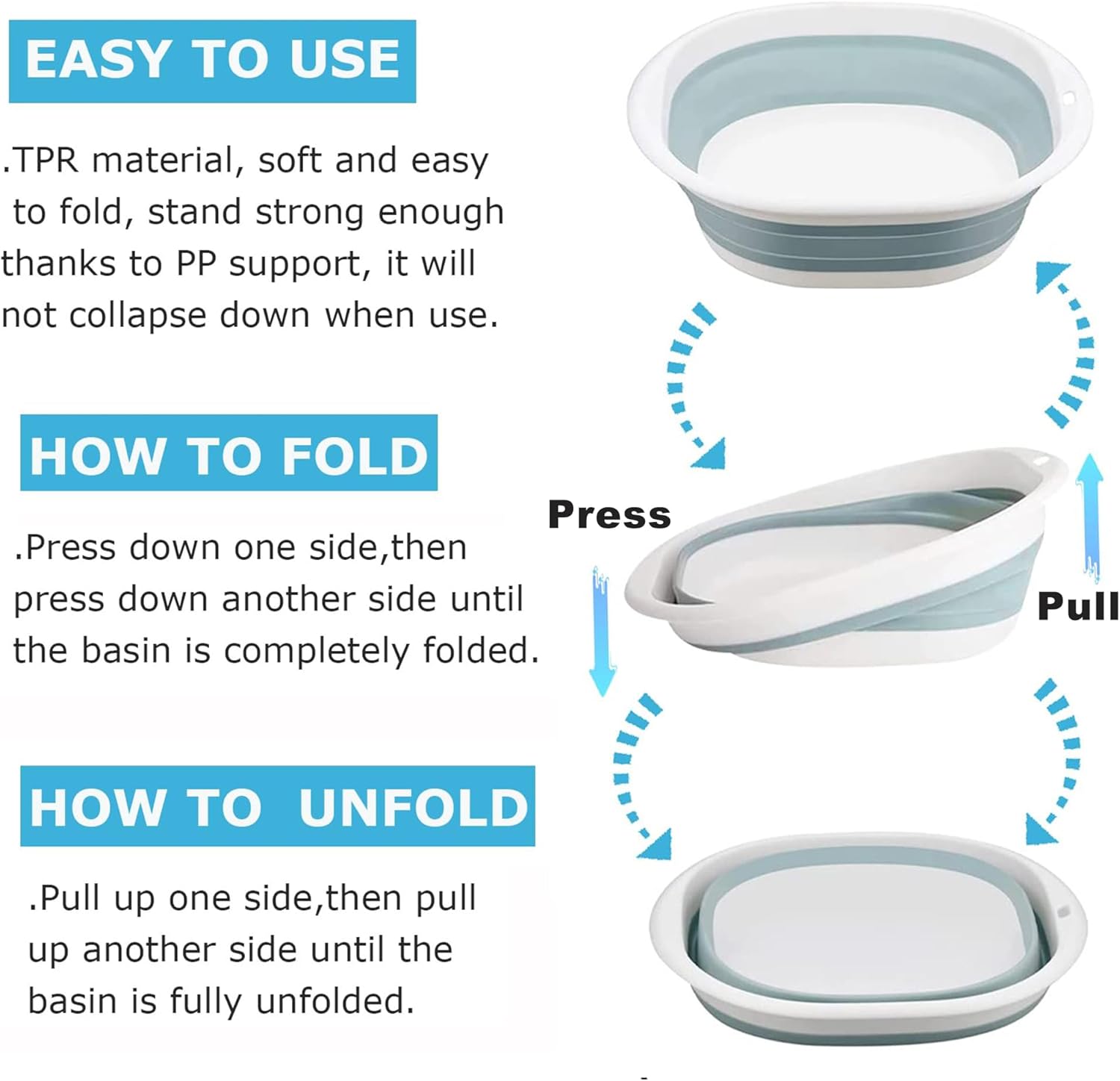 Three-panel infographic showing how the collapsible washing up bowl folds flat and pops open