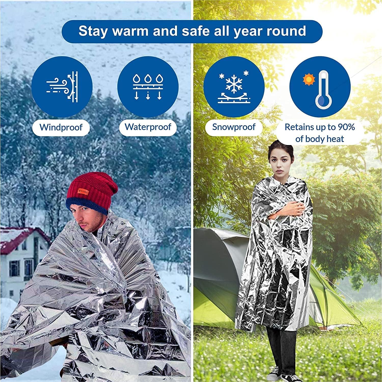 Snow and camping scenes showing the thermal blanket in cold outdoor conditions