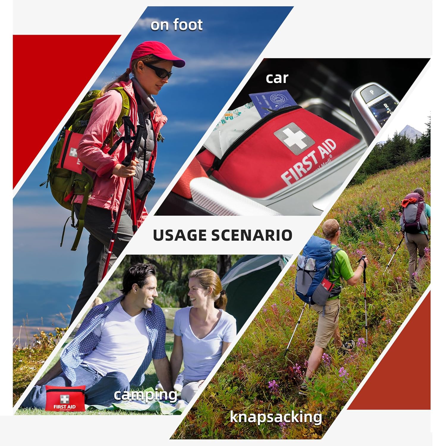 Four panel image showing the first aid kit in use across different settings: hiker, car dashboard, camping couple at a tent, and a backpacker in the mountains