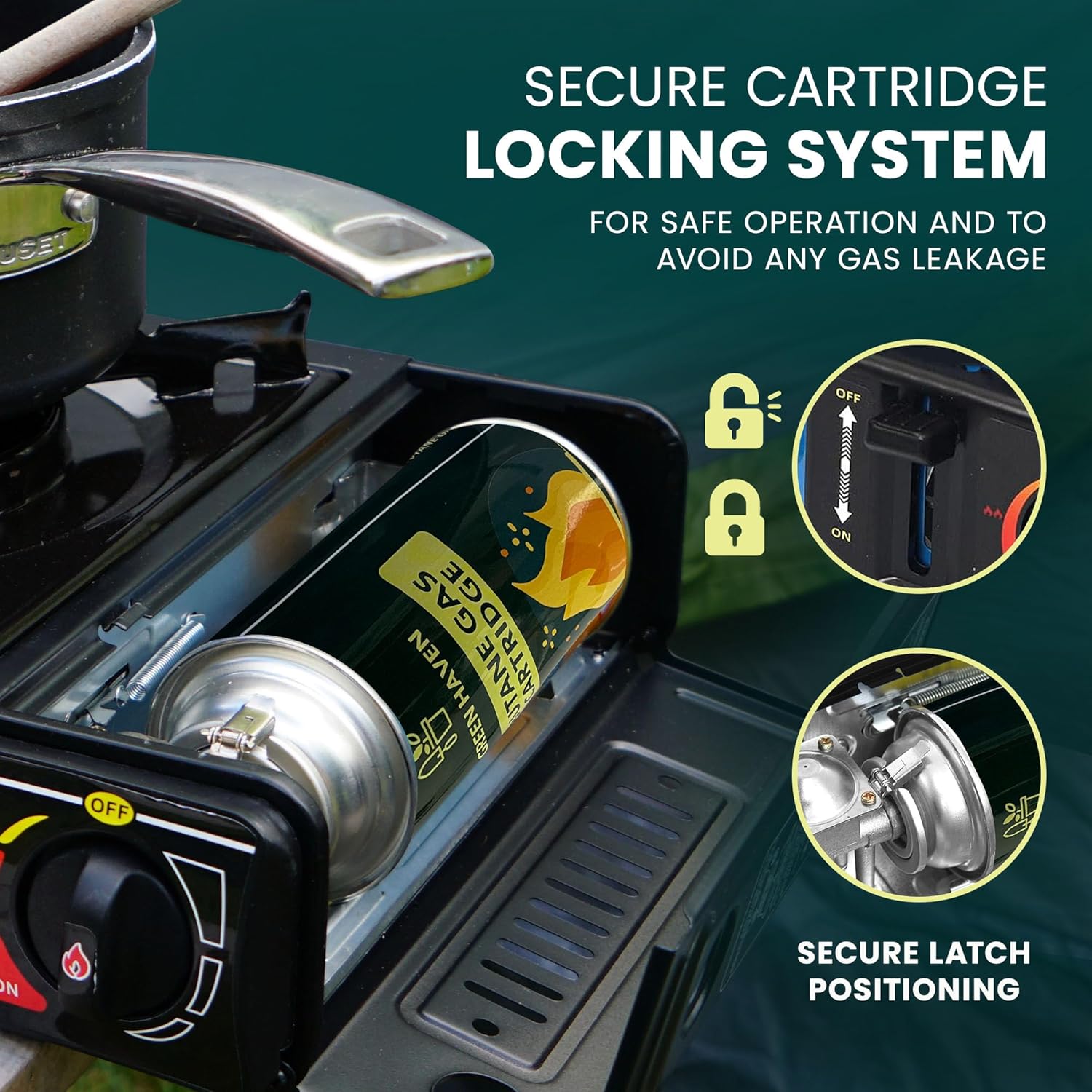 Close-up of the Green Haven stove gas cartridge locking mechanism showing the secure latch positioning