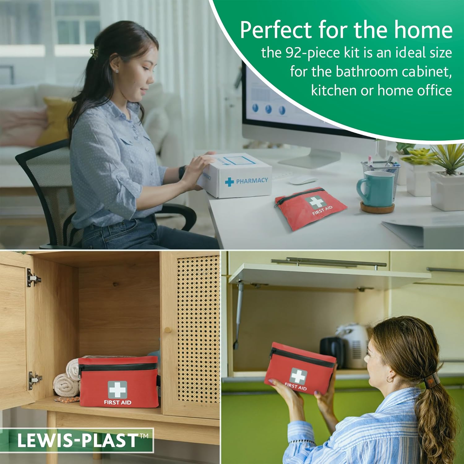 Collage showing the red Lewis-Plast first aid kit stored in a home office drawer and a kitchen cabinet