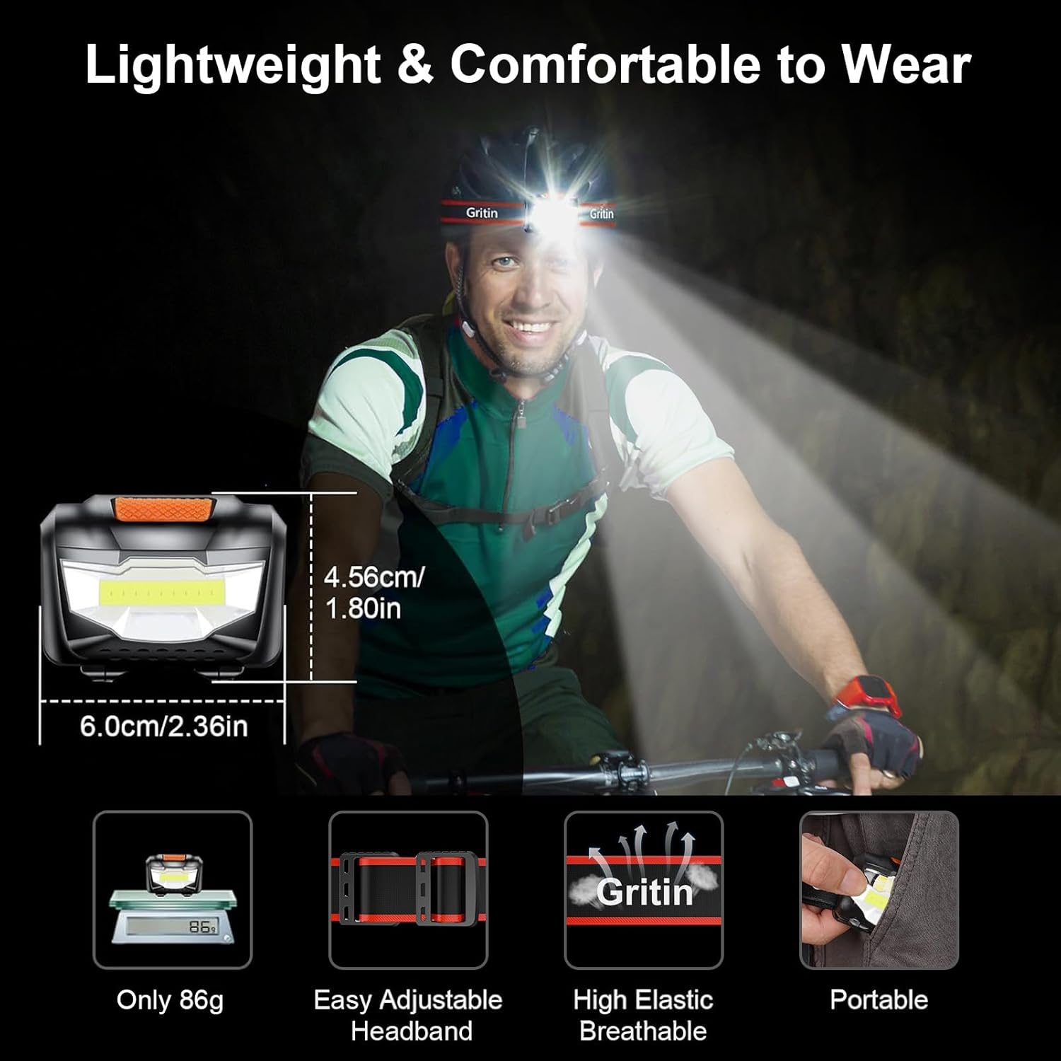 Cyclist wearing the Gritin head torch at night showing dimensions 4.56cm by 6.0cm, 86g weight, and adjustable headband