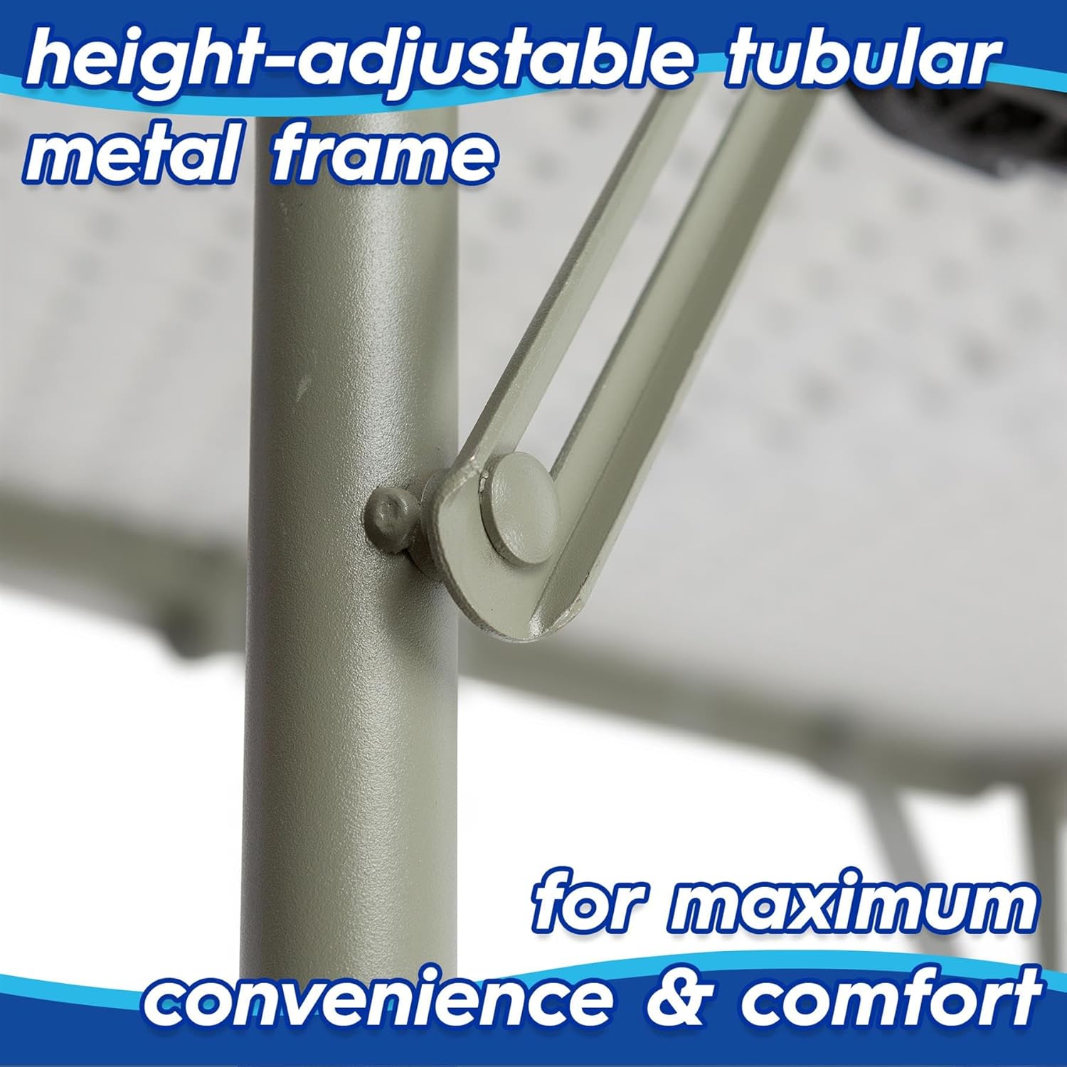 The black plastic table top shown in close-up, highlighting the stain and spill-resistant finish promoted on the packaging