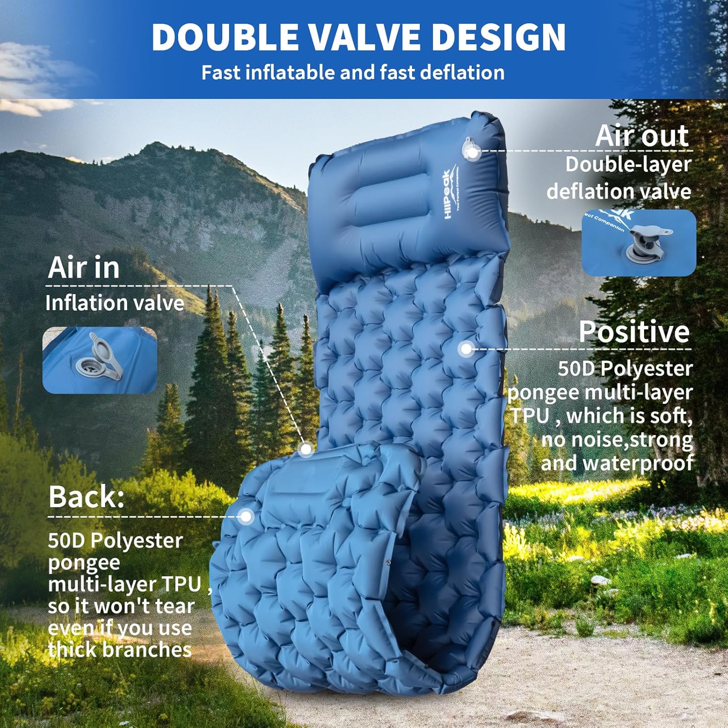 HiiPeak sleeping pad rolled up next to a backpack showing how compactly it stores