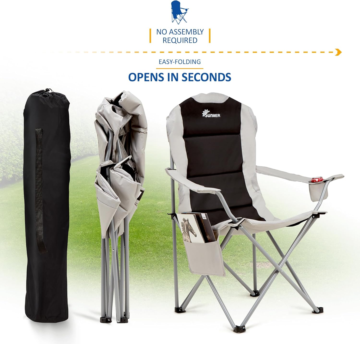 SUNMER camping chairs in their grey carry bags showing the thin polyester construction