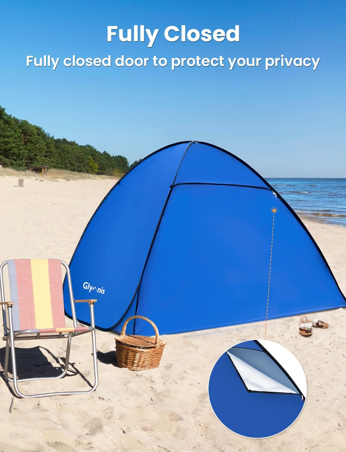 Glymnis pop-up beach tent product image showing the tent in the carry bag alongside the pegs and sand pockets