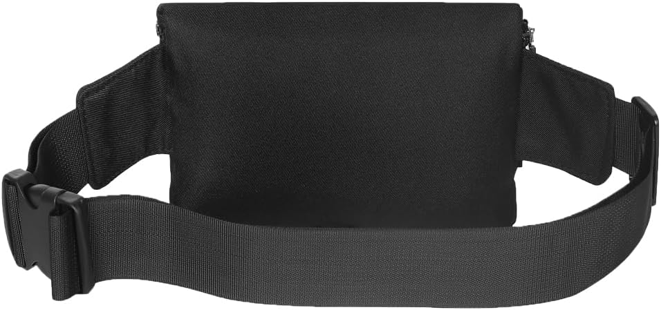 The black bum bag laid flat showing both zipped compartments and the full belt