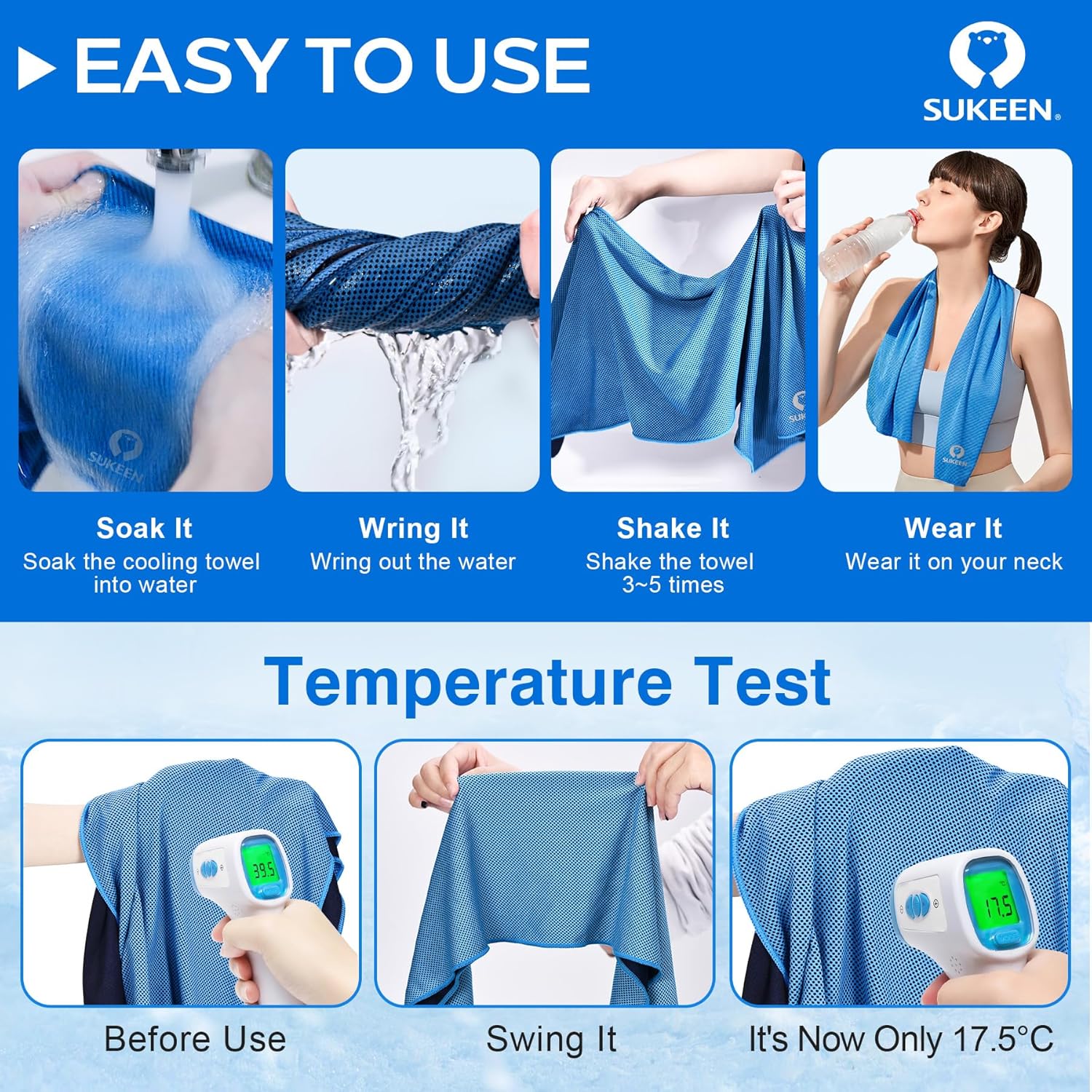 Sukeen cooling towel packaging showing pouch and carabiner clip
