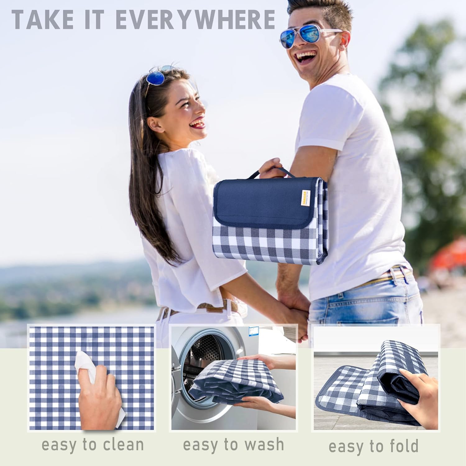 SAMSIER picnic blanket folded into its compact carry pouch
