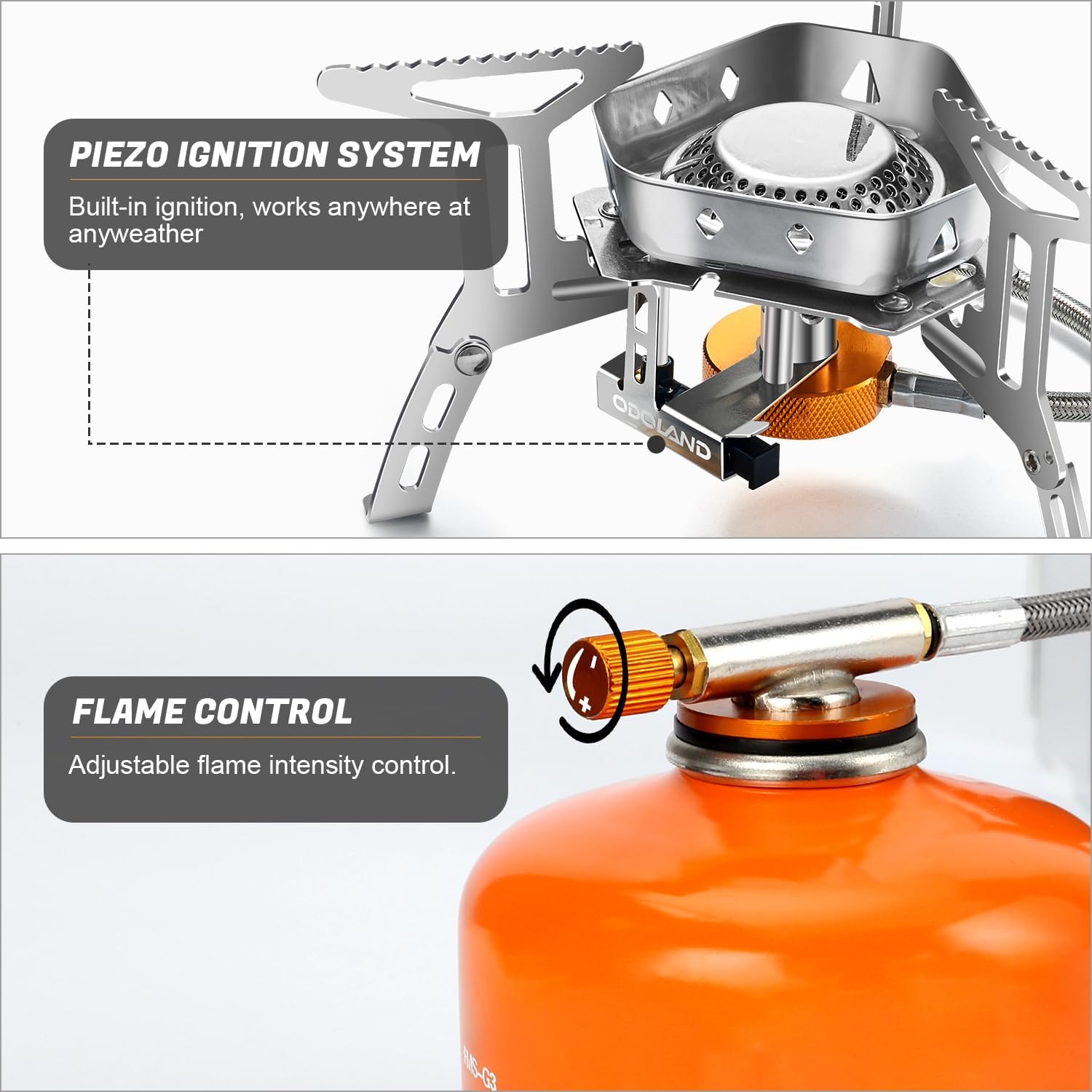 Odoland stove folded into its hard carry case with the gas adapter