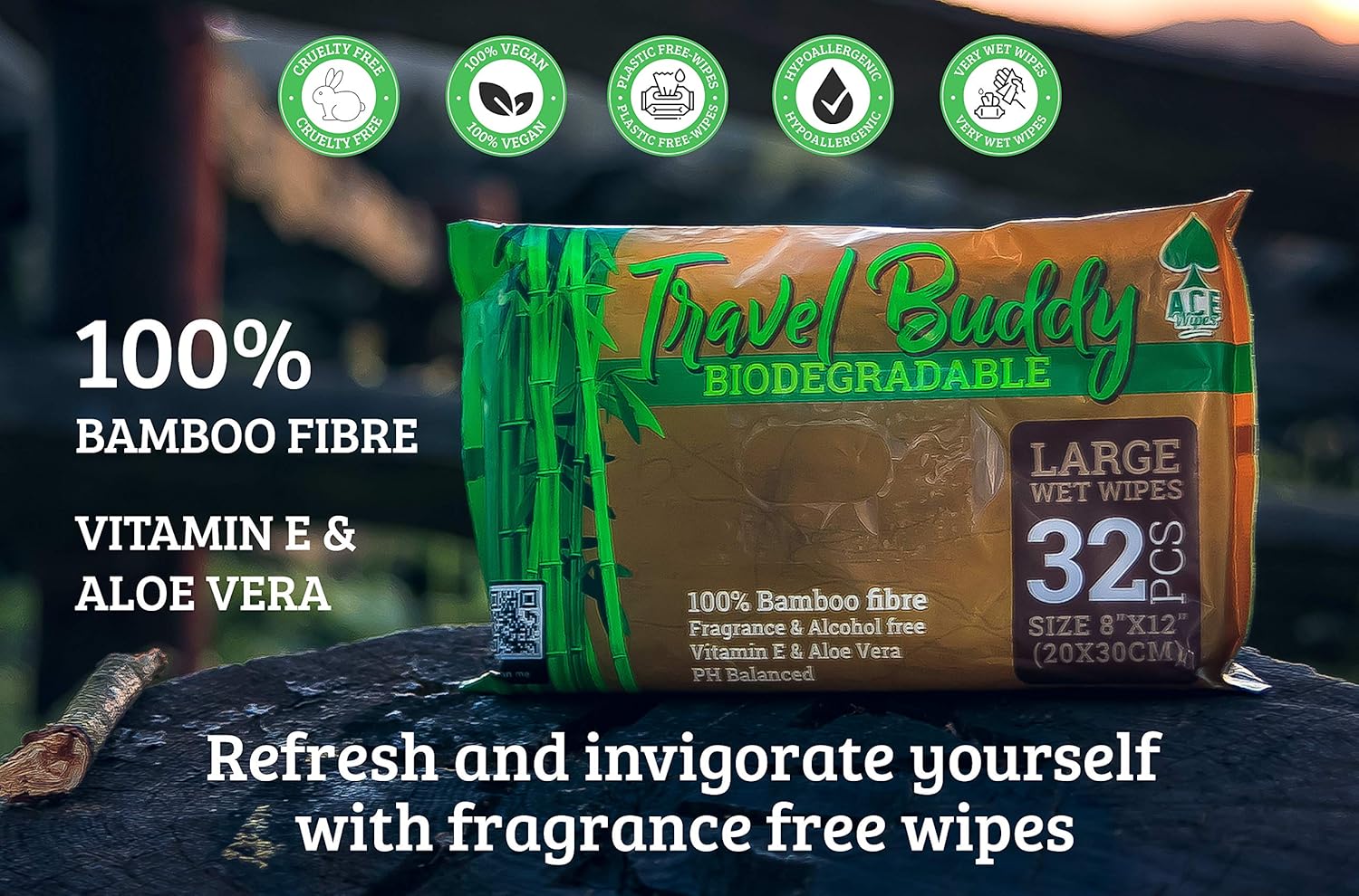 Ace Travel Buddy wipes pack with cruelty-free, vegan, plastic-free and hypoallergenic badges