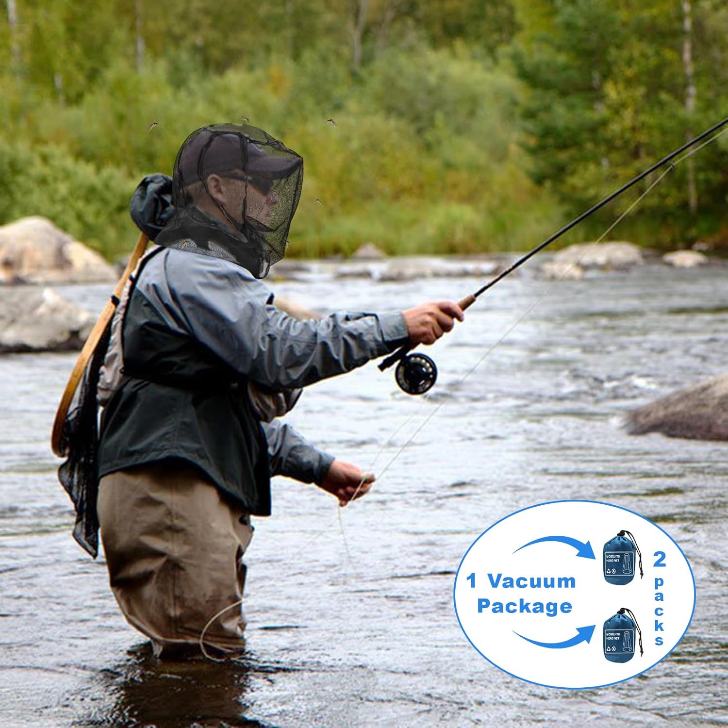 Fly fisherman standing in a river casting a line while wearing a dark head net, with small midges visible in the air around his head
