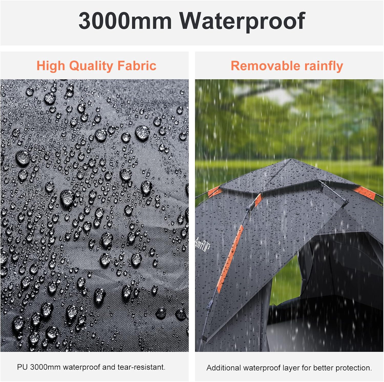 Amflip 3000mm waterproof graphic showing rain beading on the fabric and the rain fly in a downpour.