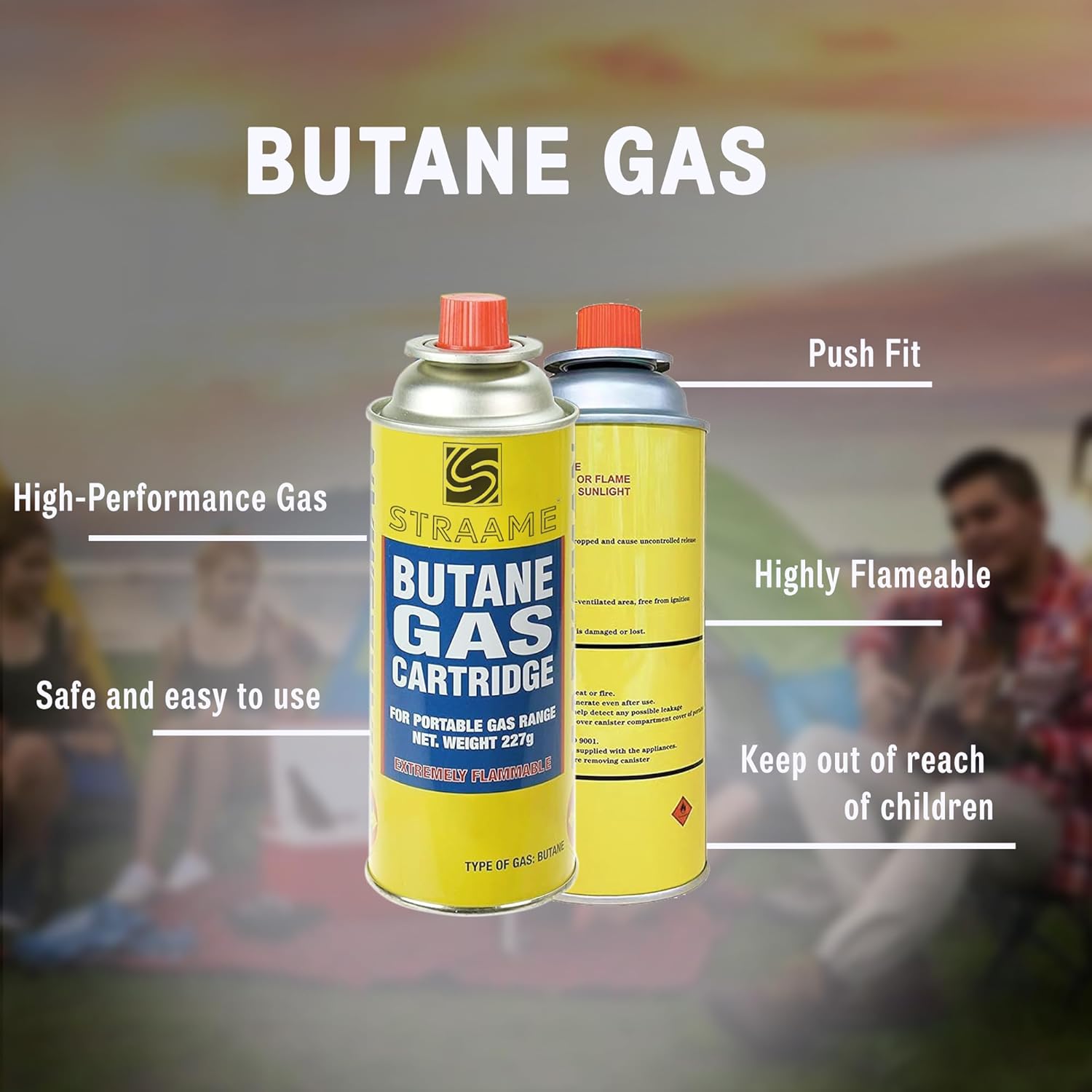 Straame butane cartridge shown with a Push Fit label, alongside safety warnings on the rear of the can