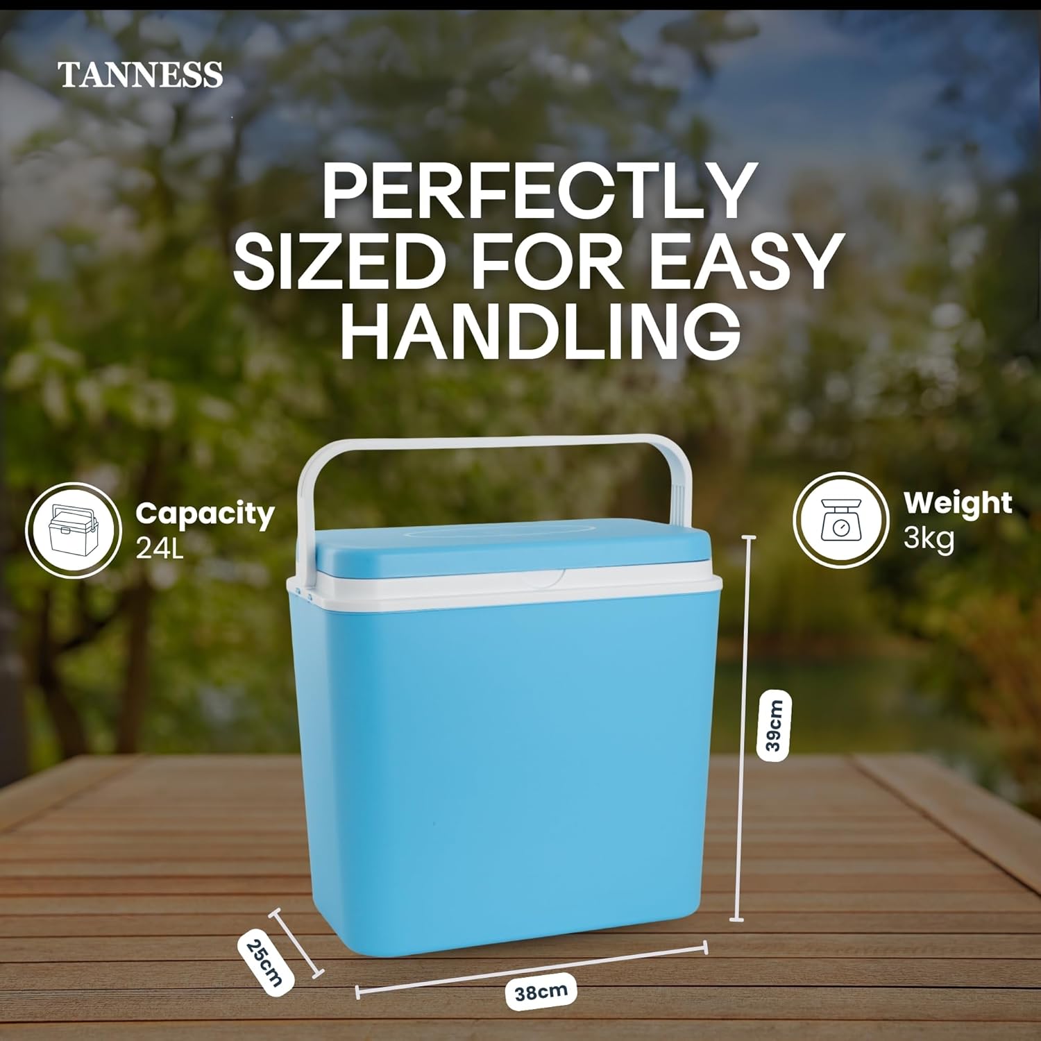Tanness infographic showing the cool box dimensions of 38cm by 25cm by 39cm and 3kg weight