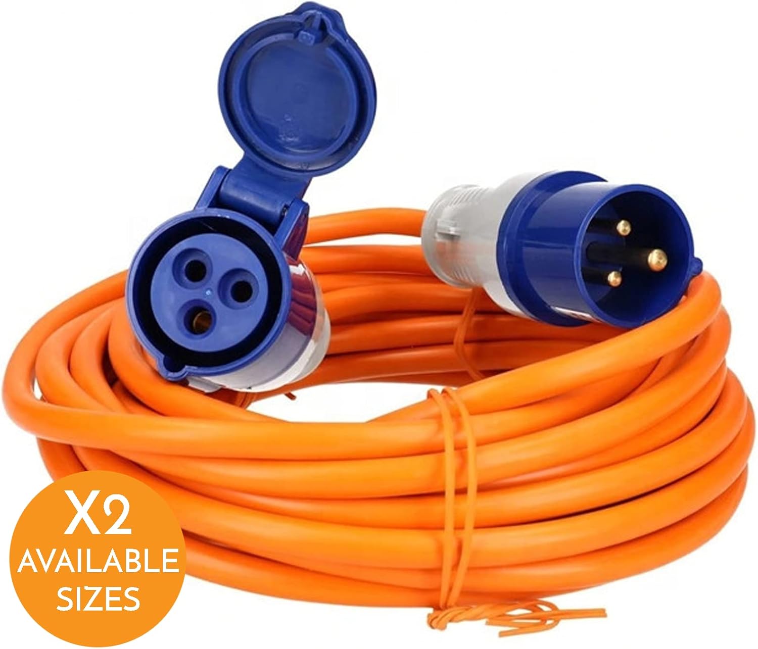 Coiled orange hook up lead with an X2 available sizes badge on the listing image